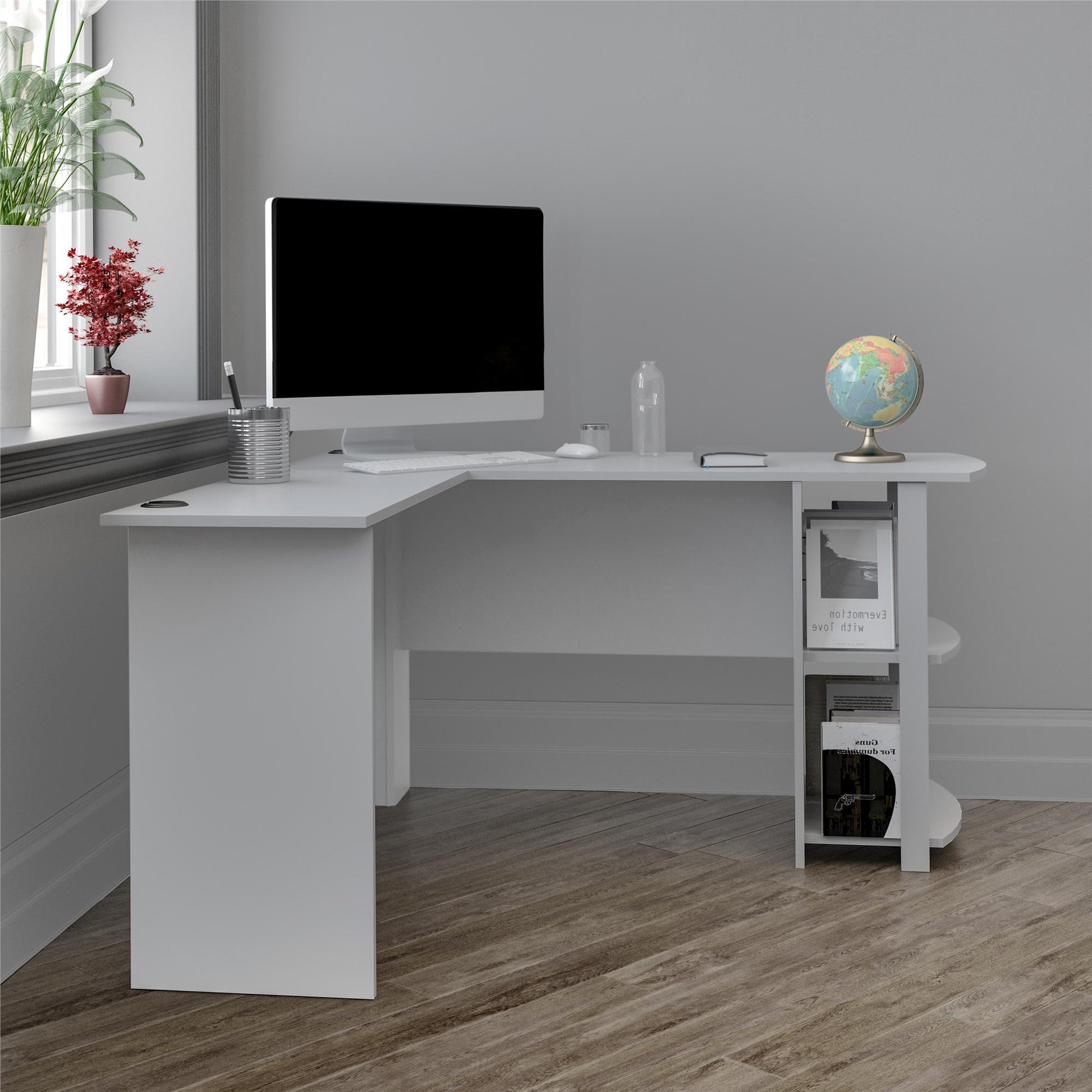 Dakota Computer L Desk with Side Bookshelf and Large Worksurface - Dove Gray