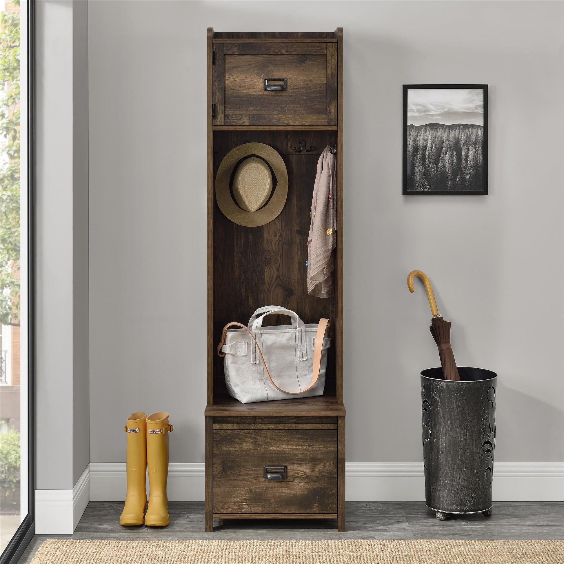 Farmington Rustic Farmhouse Entryway Hall Tree with Storage Bench - Rustic