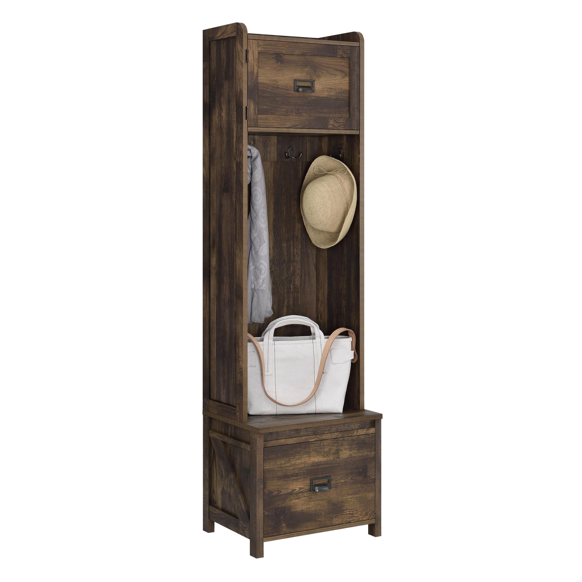 Farmington Rustic Farmhouse Entryway Hall Tree with Storage Bench - Rustic