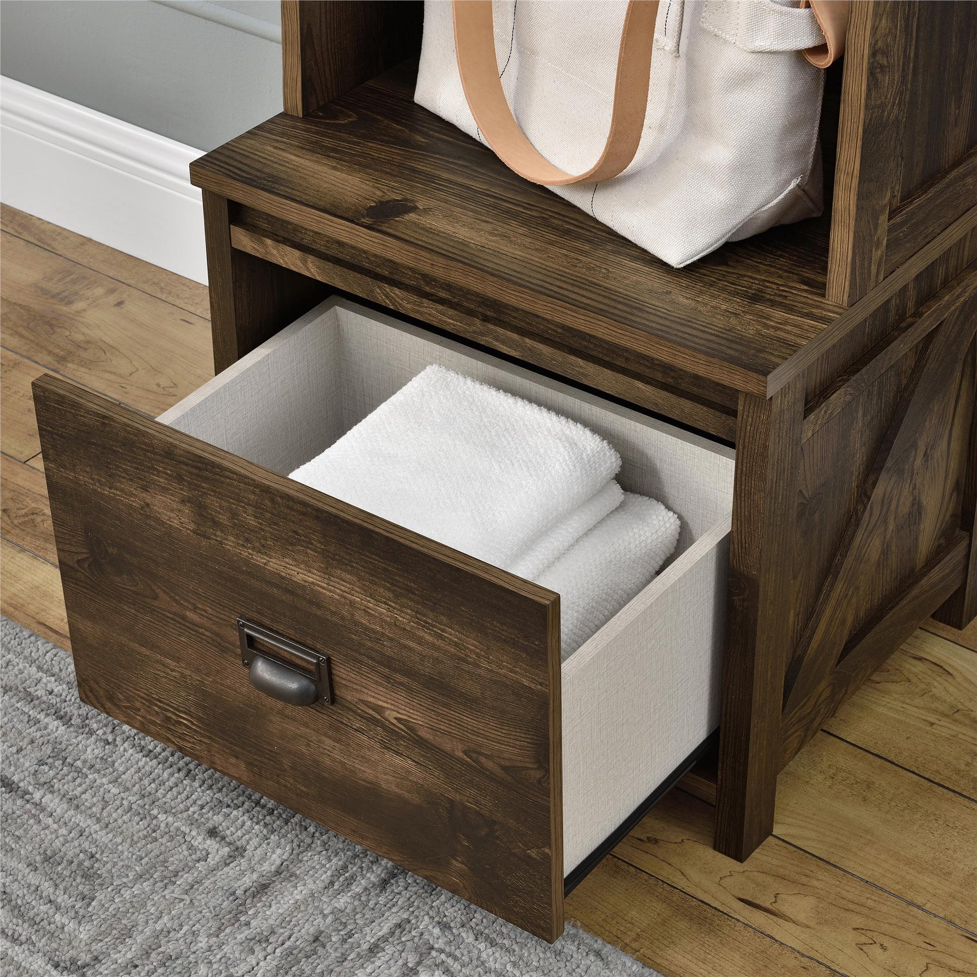 Farmington Rustic Farmhouse Entryway Hall Tree with Storage Bench - Rustic