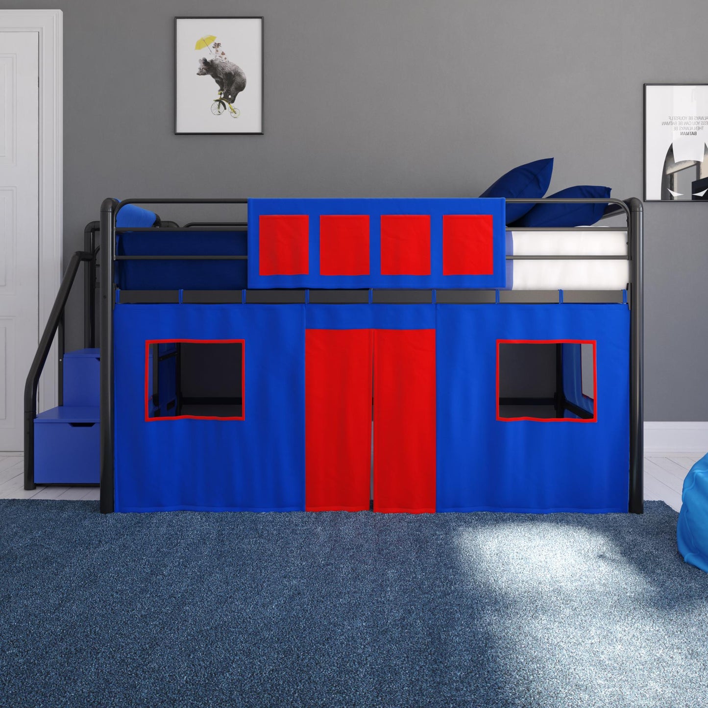 Junior Loft Bed Curtain Set with Windows and Storage Pockets - Blue