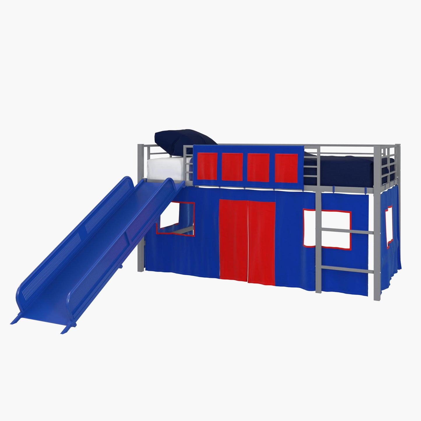 Junior Loft Bed Curtain Set with Windows and Storage Pockets - Blue