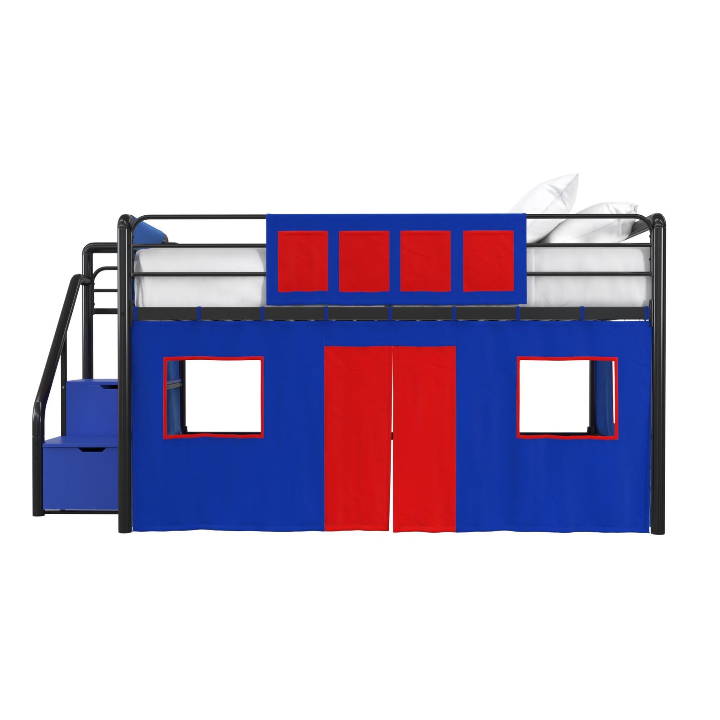 Junior Loft Bed Curtain Set with Windows and Storage Pockets - Blue
