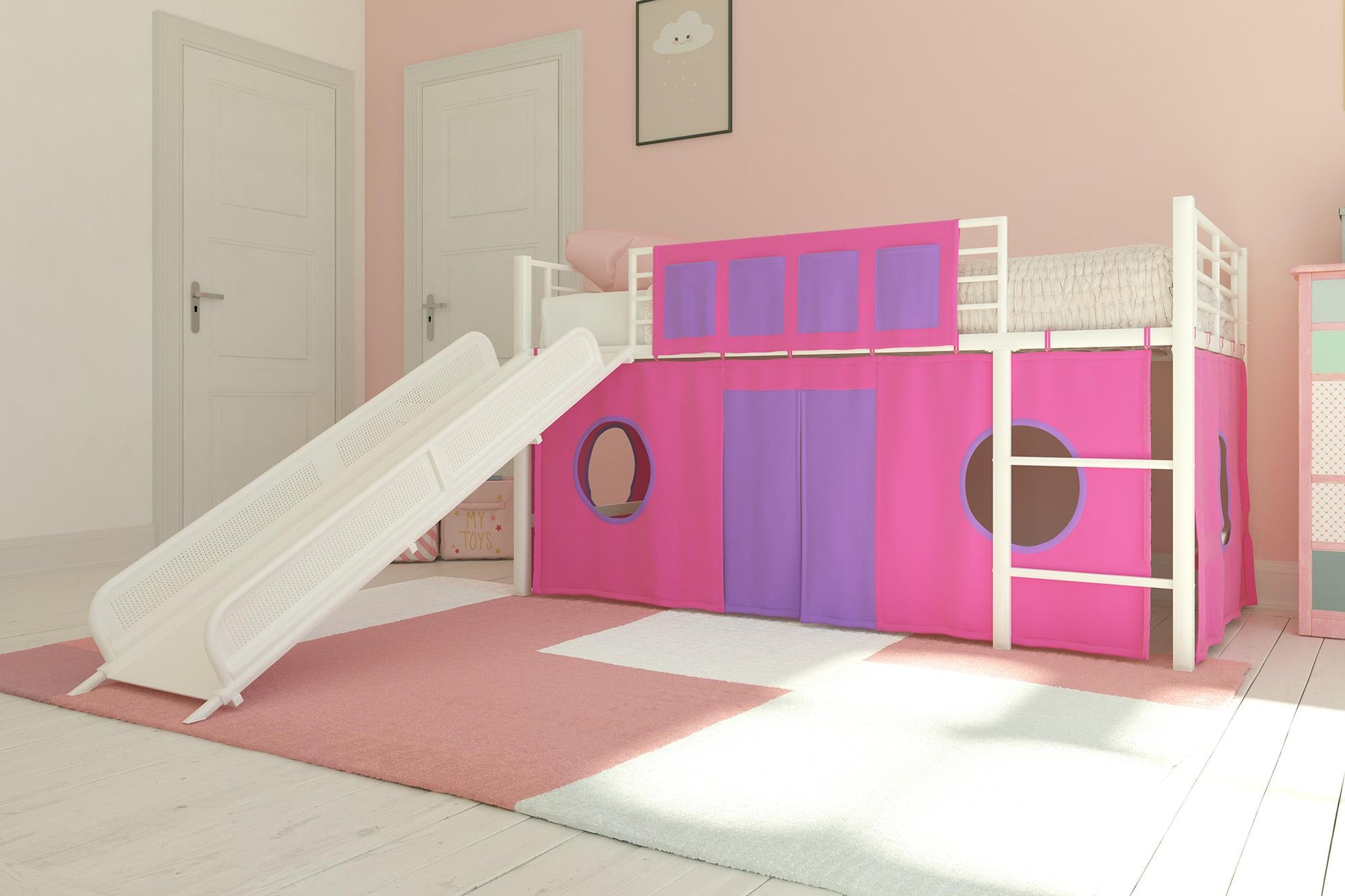 Junior Loft Bed Curtain Set with Windows and Storage Pockets - Pink