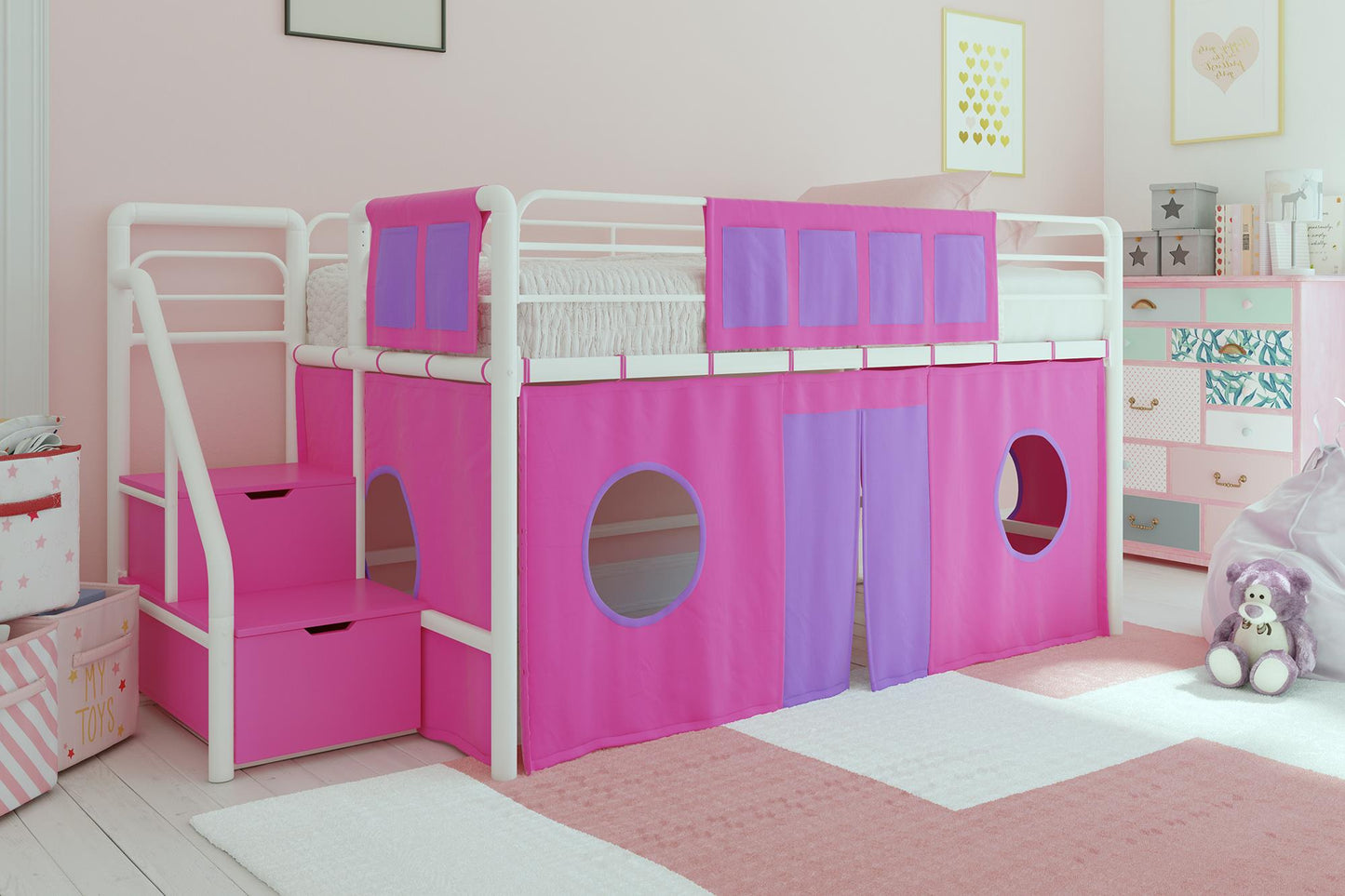 Junior Loft Bed Curtain Set with Windows and Storage Pockets - Pink