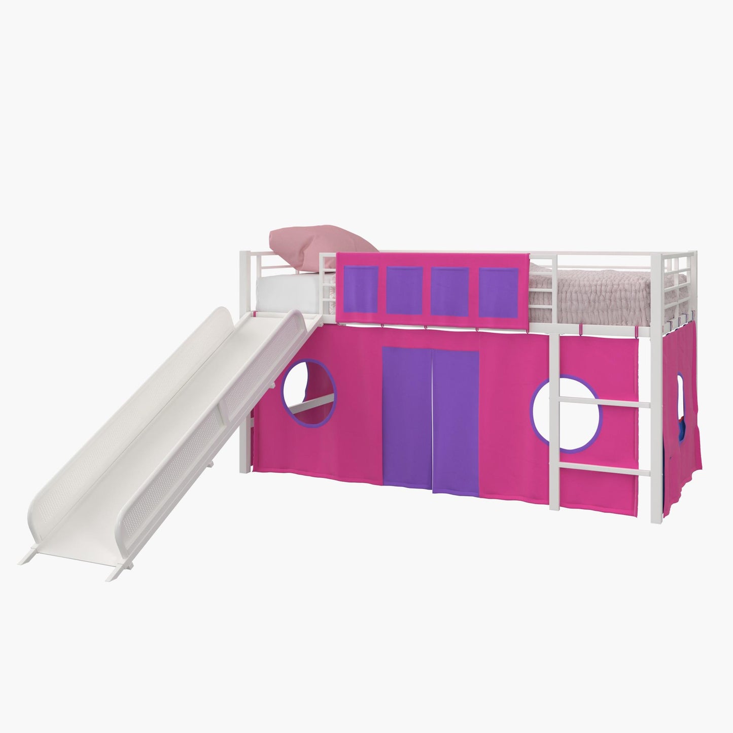 Junior Loft Bed Curtain Set with Windows and Storage Pockets - Pink