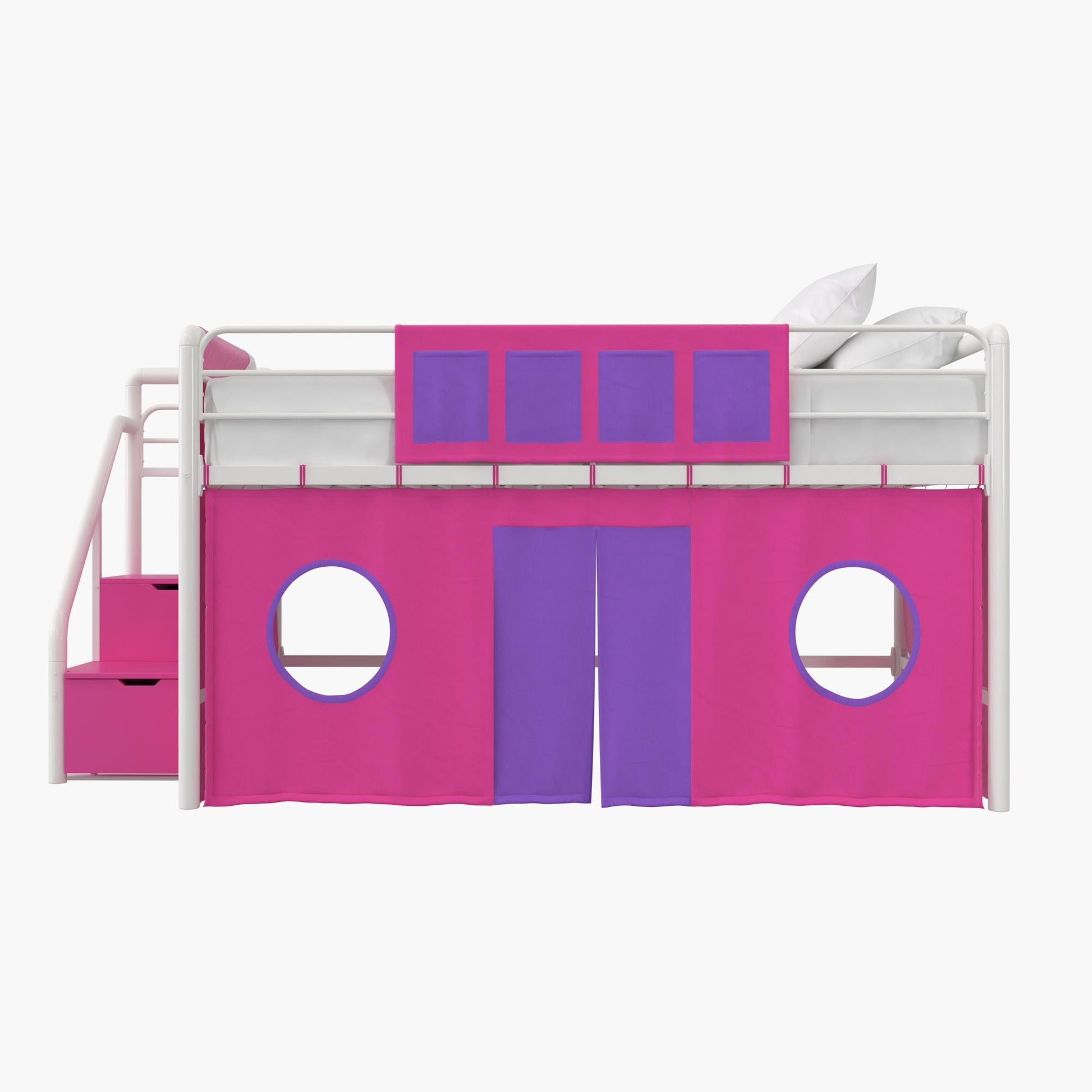 Junior Loft Bed Curtain Set with Windows and Storage Pockets - Pink