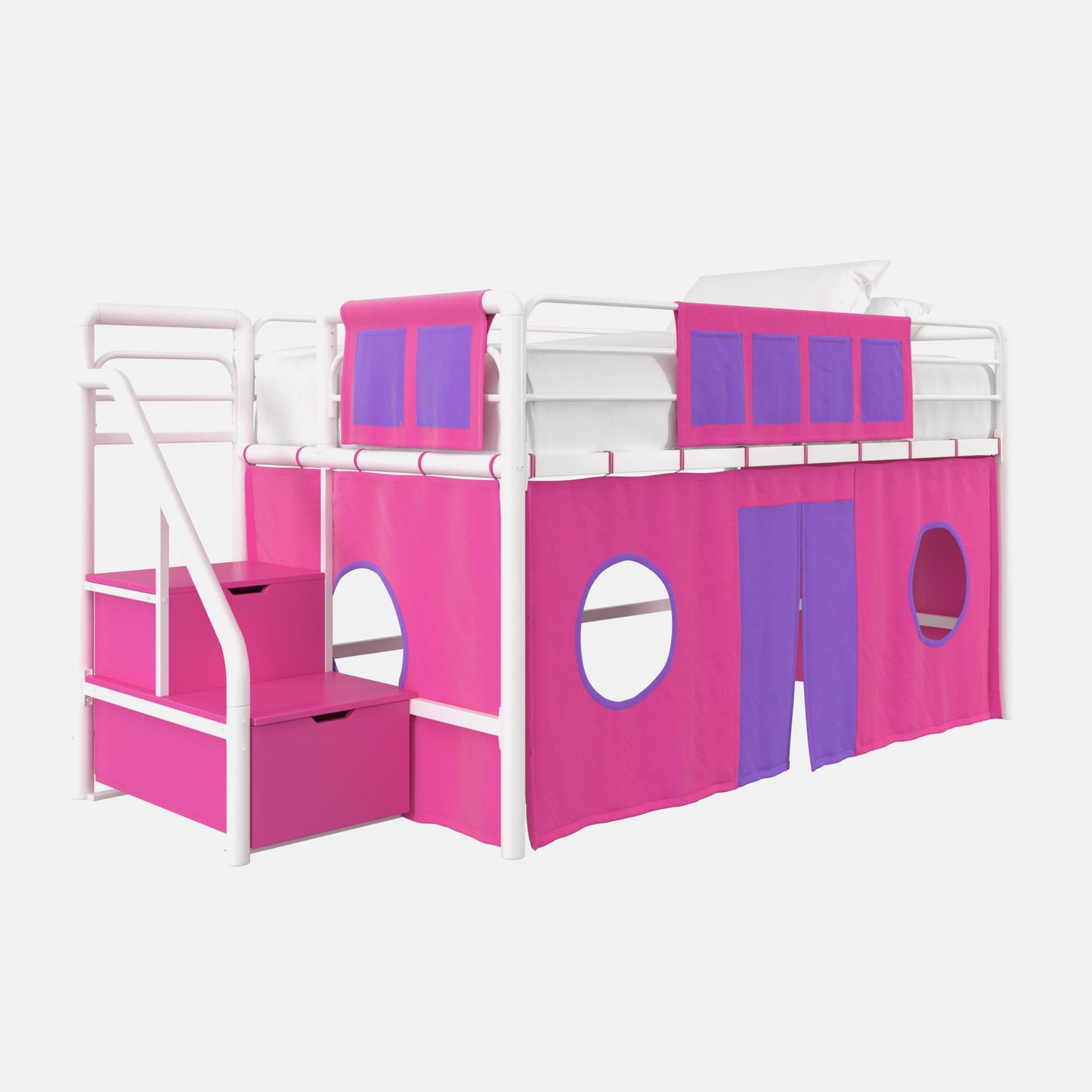 Junior Loft Bed Curtain Set with Windows and Storage Pockets - Pink