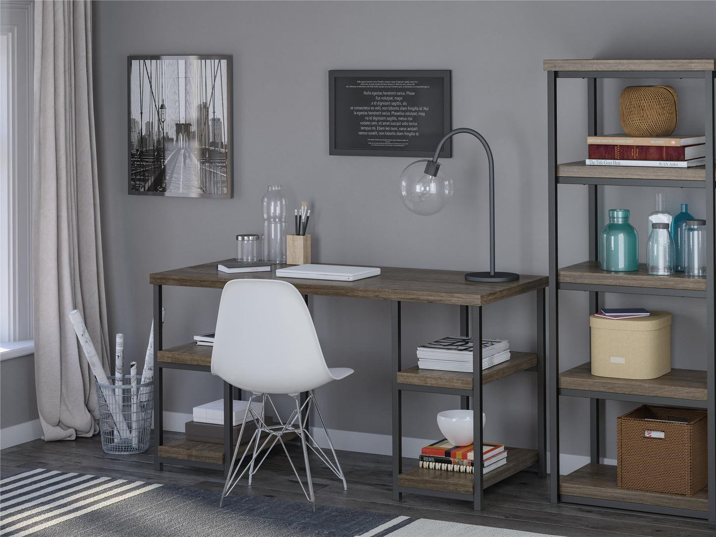 Ashlar Desk with Open Storage Shelves and Metal Legs - Weathered Oak