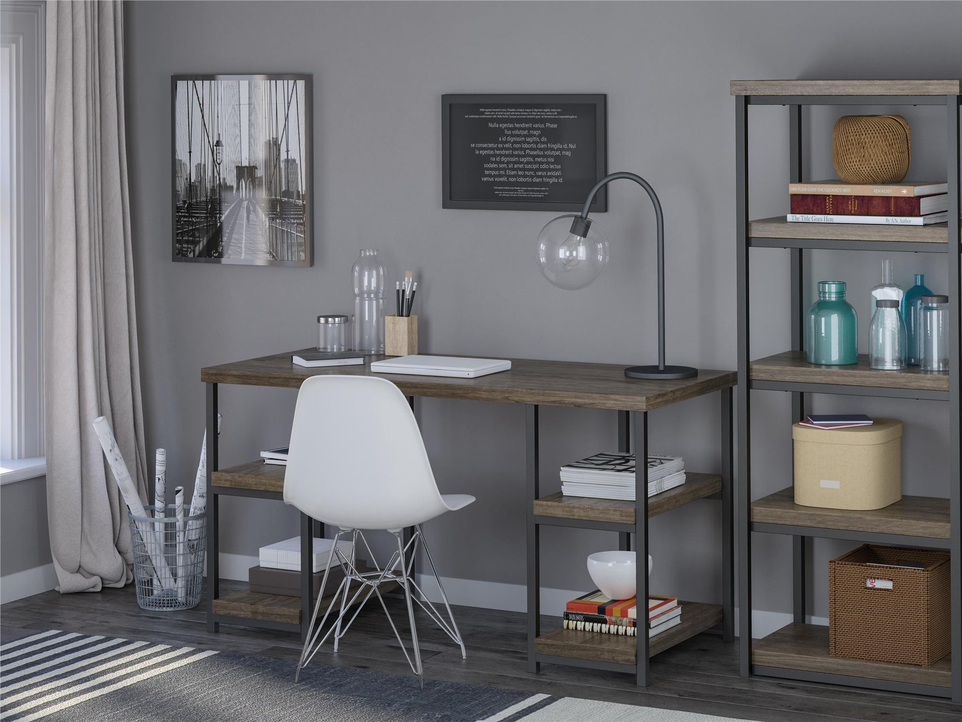 Ashlar Desk with Open Storage Shelves and Metal Legs - Weathered Oak