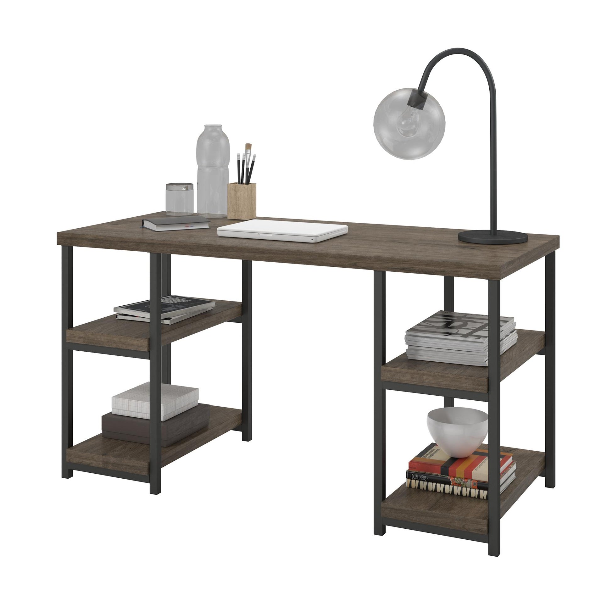 Ashlar Desk with Open Storage Shelves and Metal Legs - Weathered Oak
