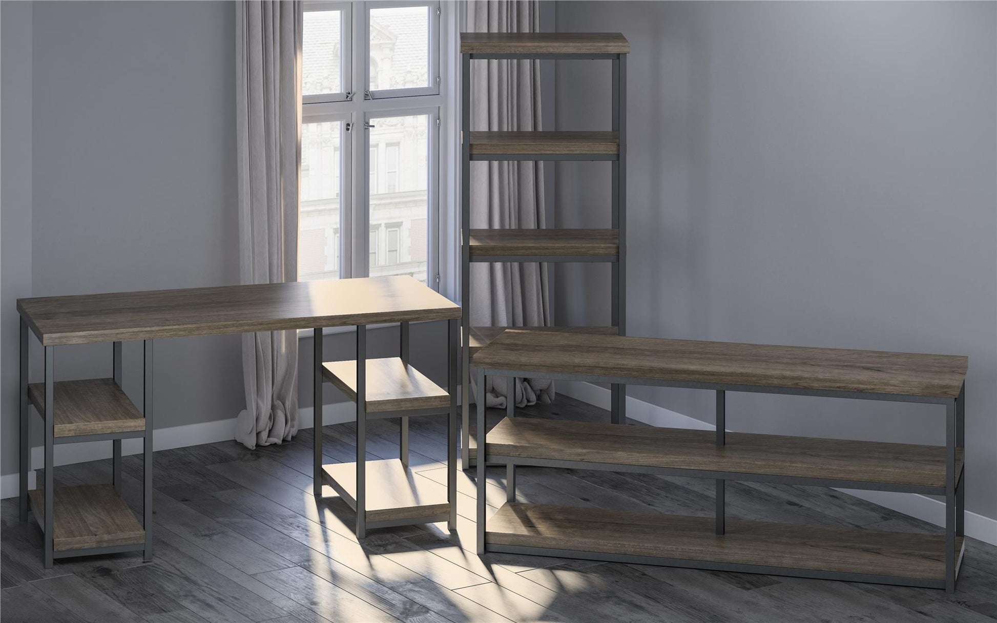 Ashlar Desk with Open Storage Shelves and Metal Legs - Weathered Oak