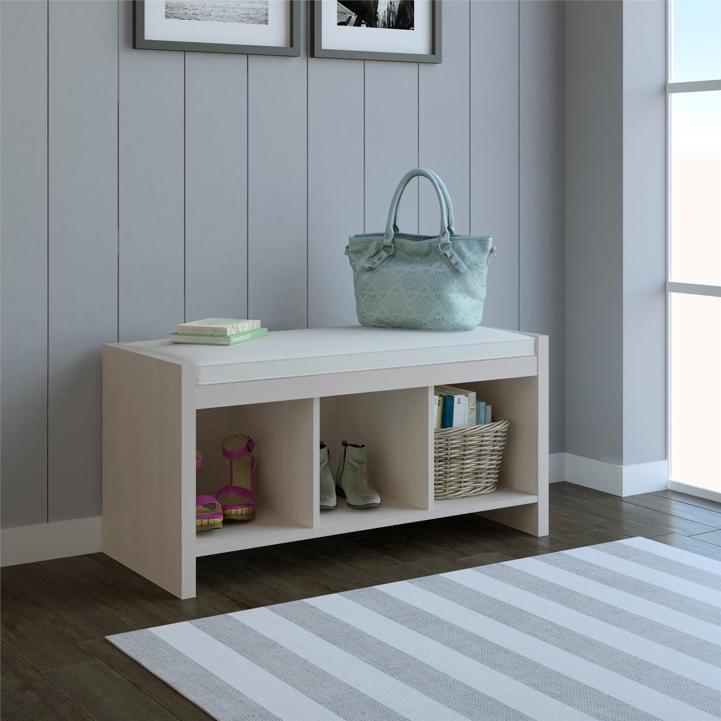 Penelope Entryway Storage Bench with Cushion and Cubbies - Taupe