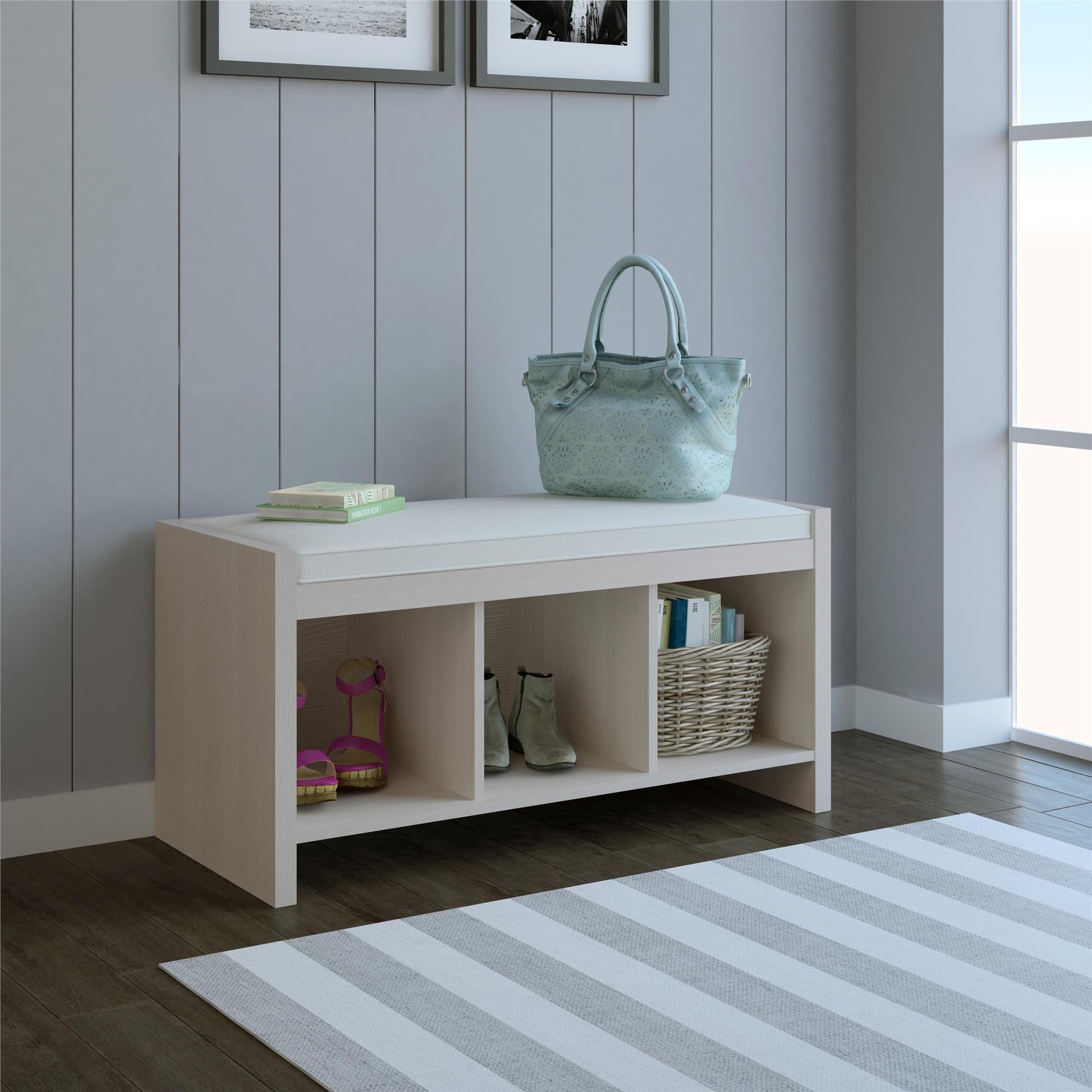 Penelope Entryway Storage Bench with Cushion and Cubbies - Taupe