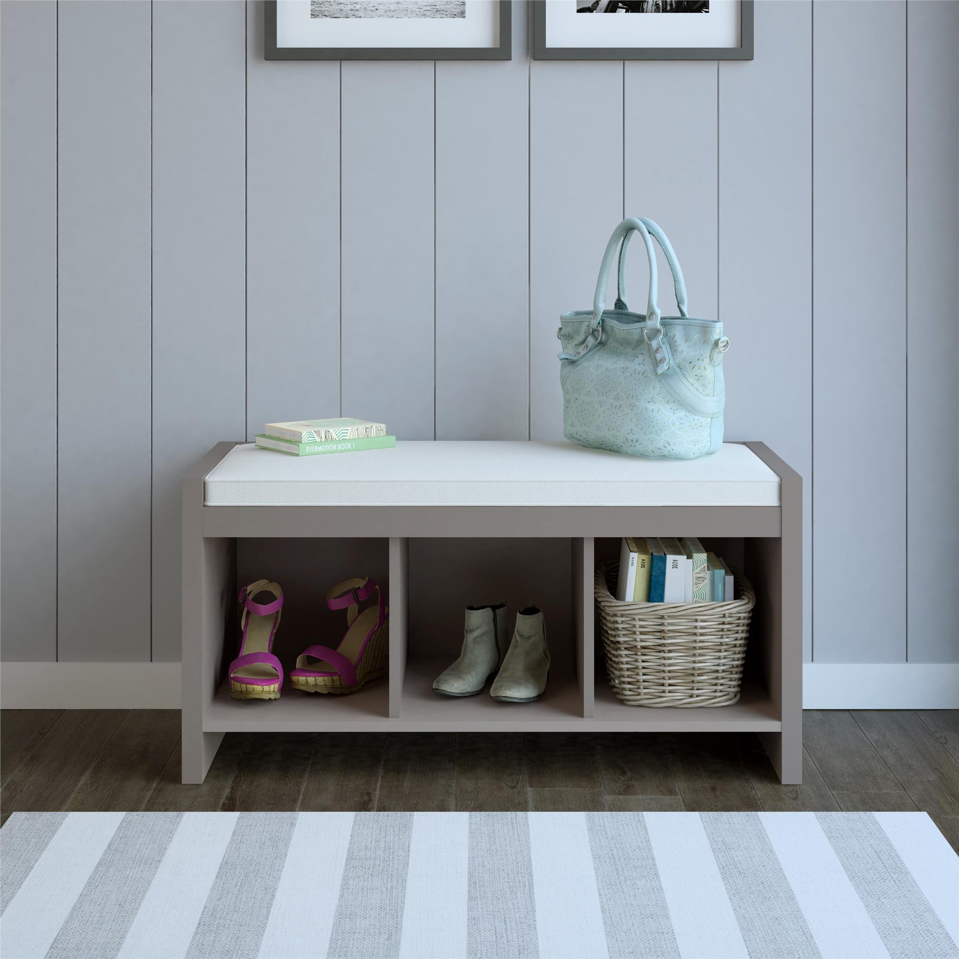 Penelope Entryway Storage Bench with Cushion and Cubbies - Taupe