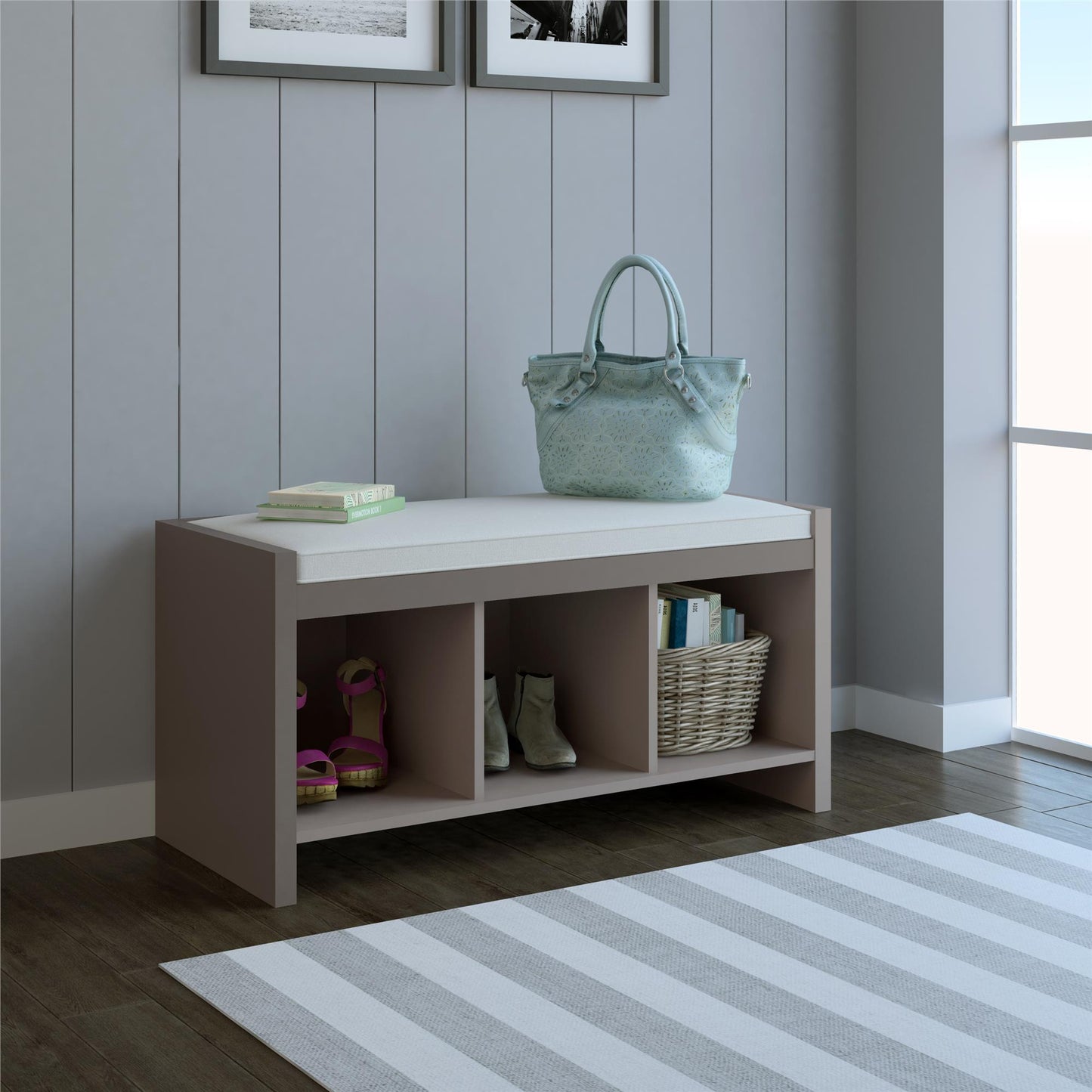 Penelope Entryway Storage Bench with Cushion and Cubbies - Taupe