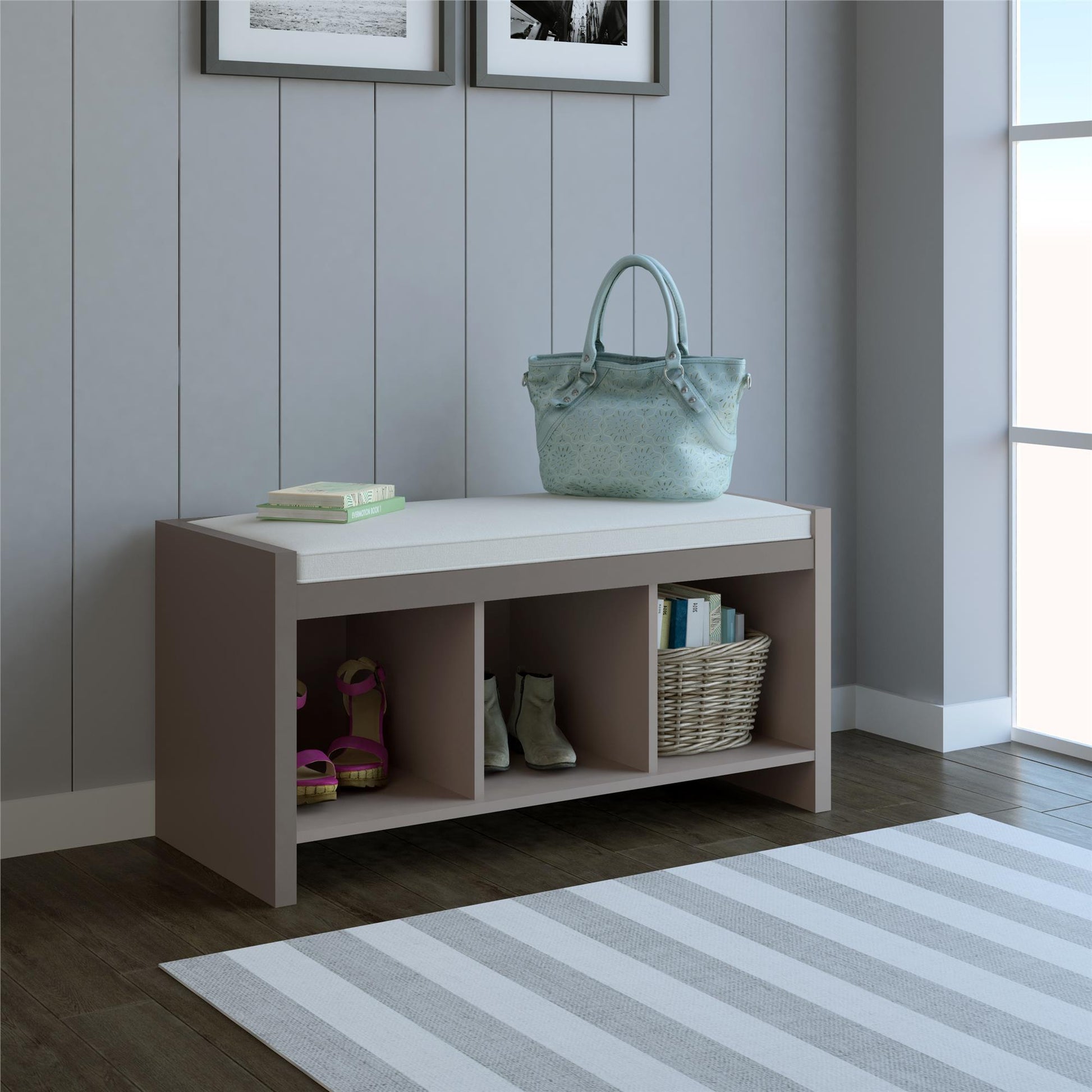 Penelope Entryway Storage Bench with Cushion and Cubbies - Taupe