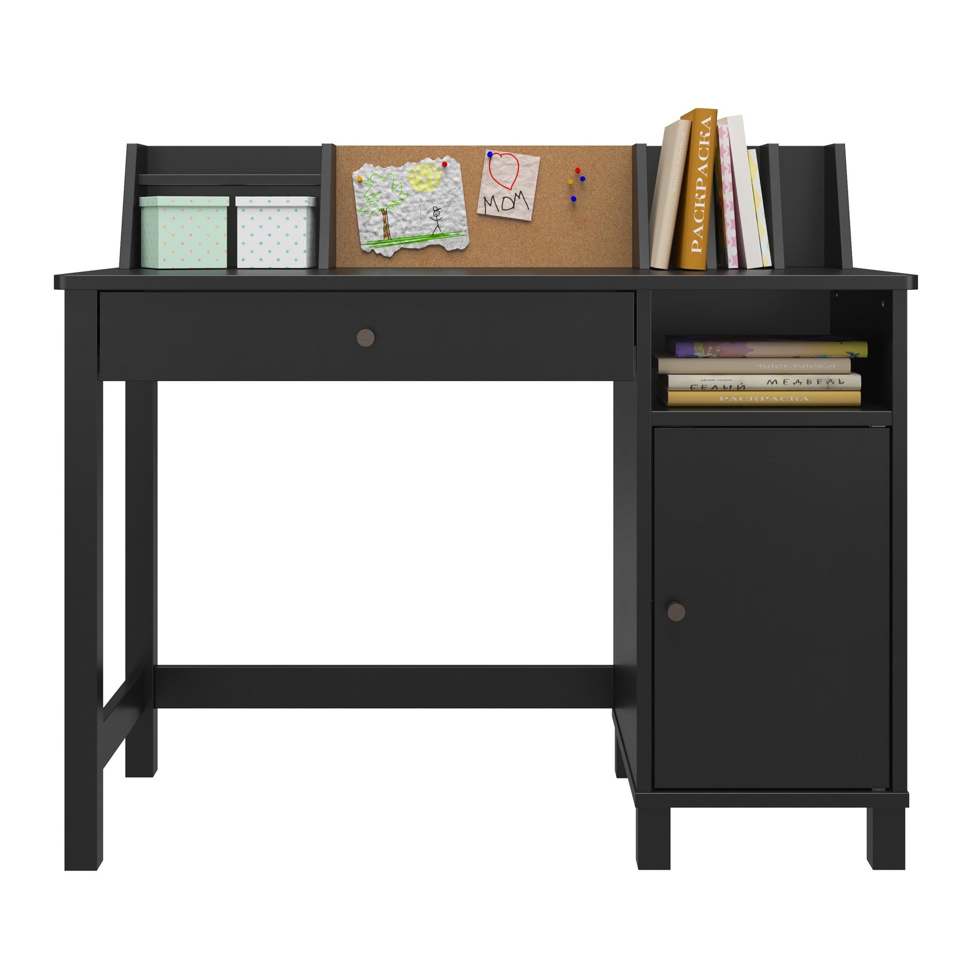 Abigail Kids Desk with Divided Storage Hutch and Chair - Black