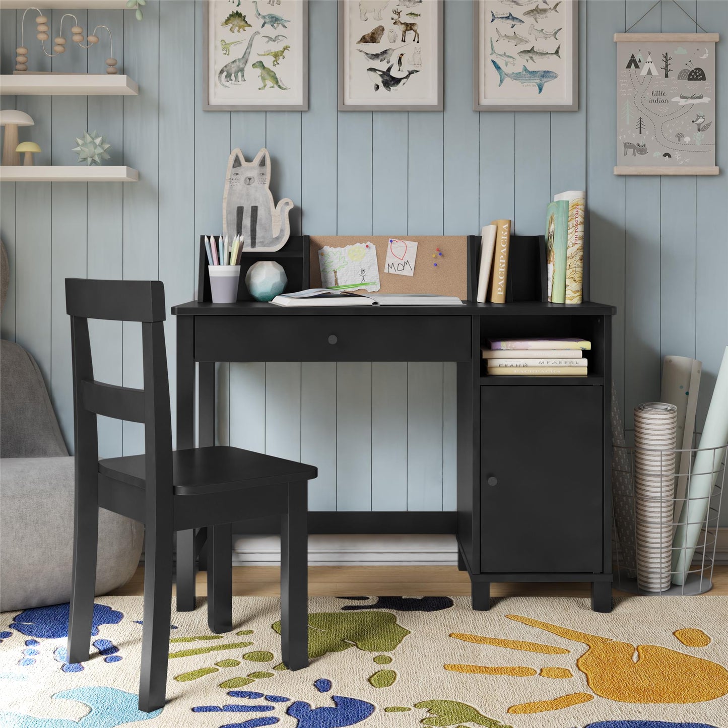Abigail Kids Desk with Divided Storage Hutch and Chair - Black