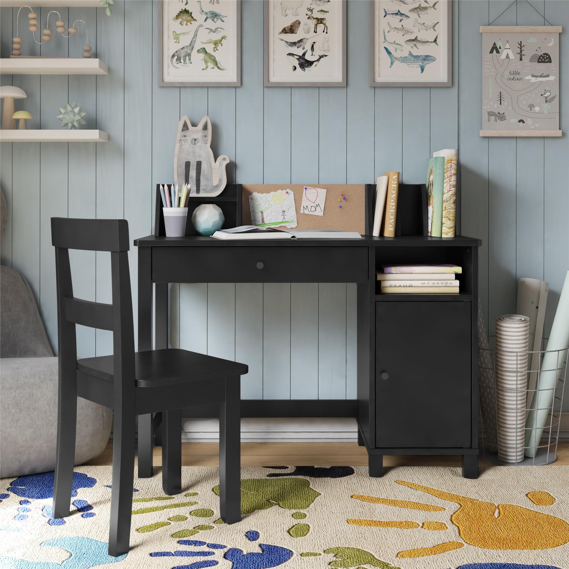 Abigail Kids Desk with Divided Storage Hutch and Chair - Black