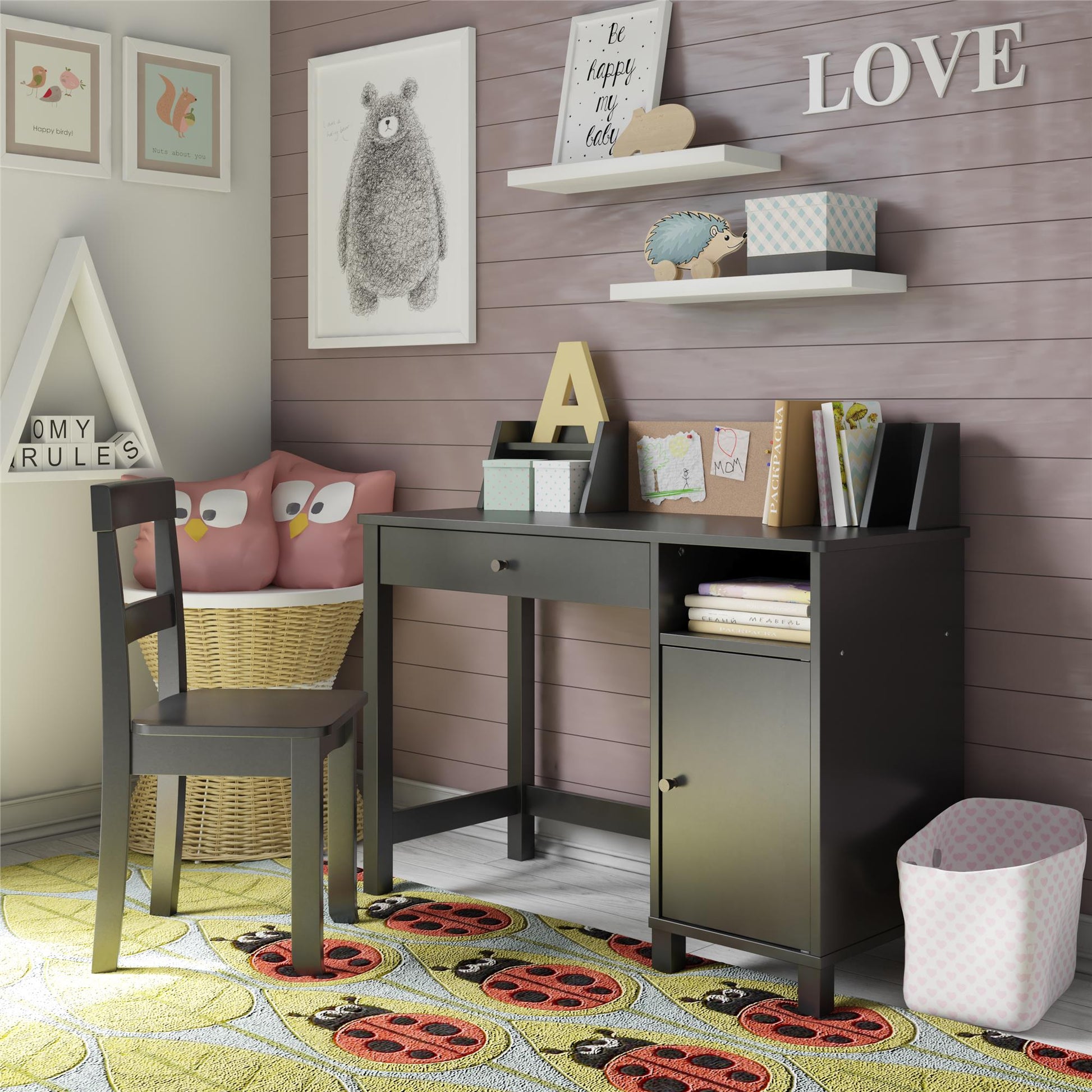 Abigail Kids Desk with Divided Storage Hutch and Chair - Black