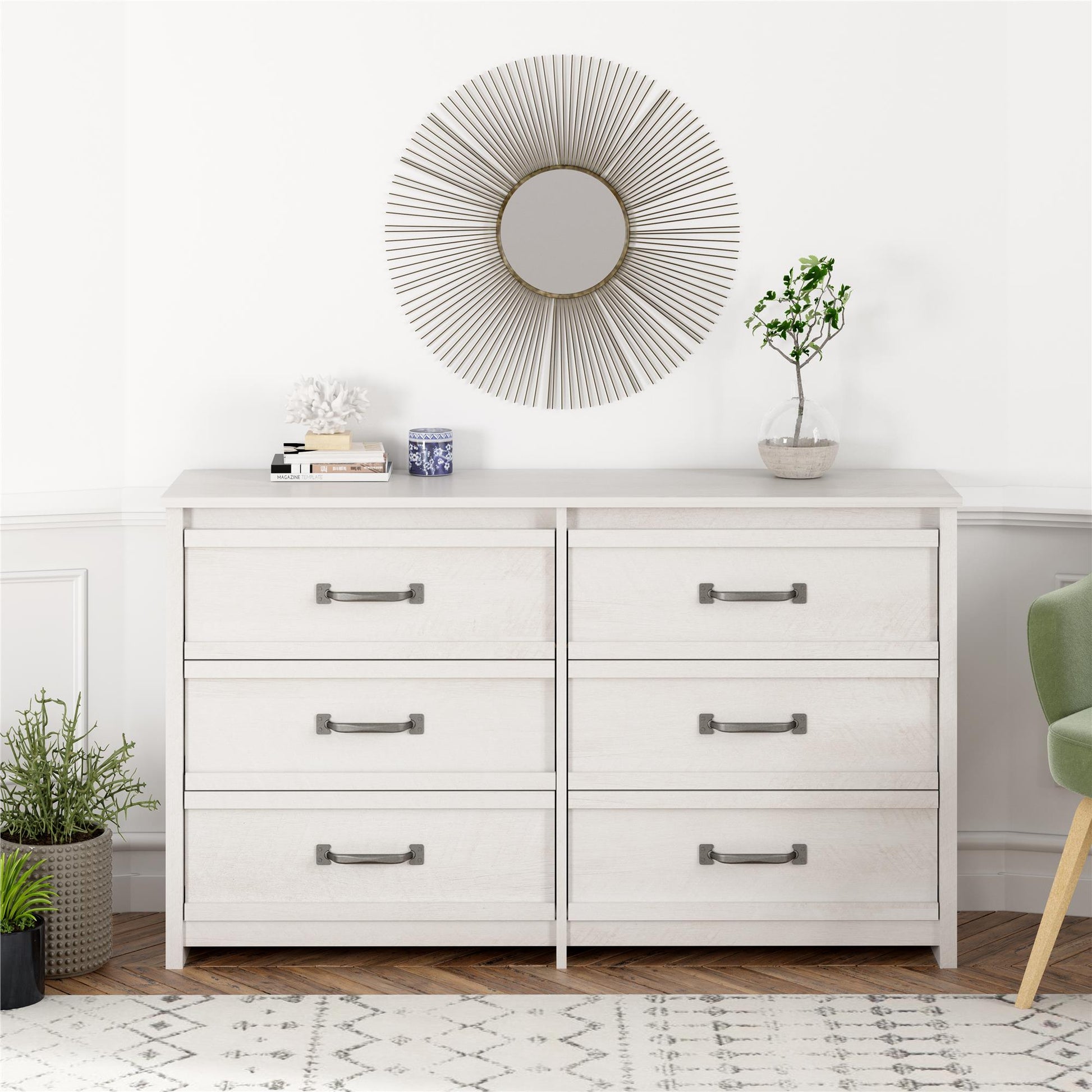 Bassinger 6 Drawer Bedroom Dresser with Pewter Handles - Ivory Oak