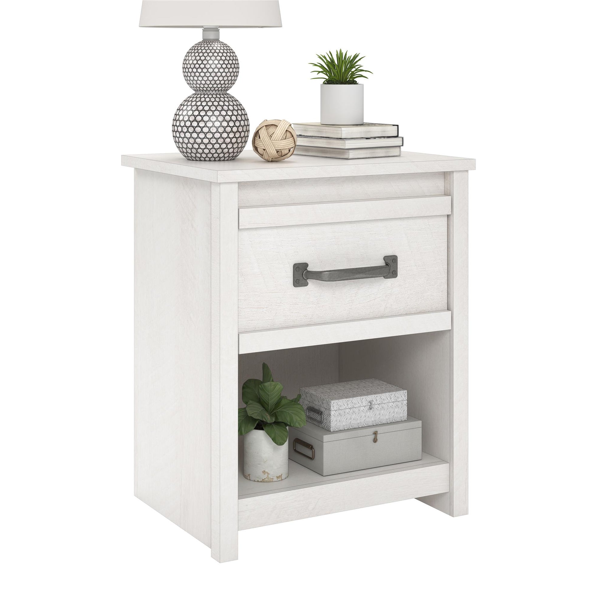 Bassinger 1 Drawer Bedroom Nightstand with Pewter Handles - Ivory Oak