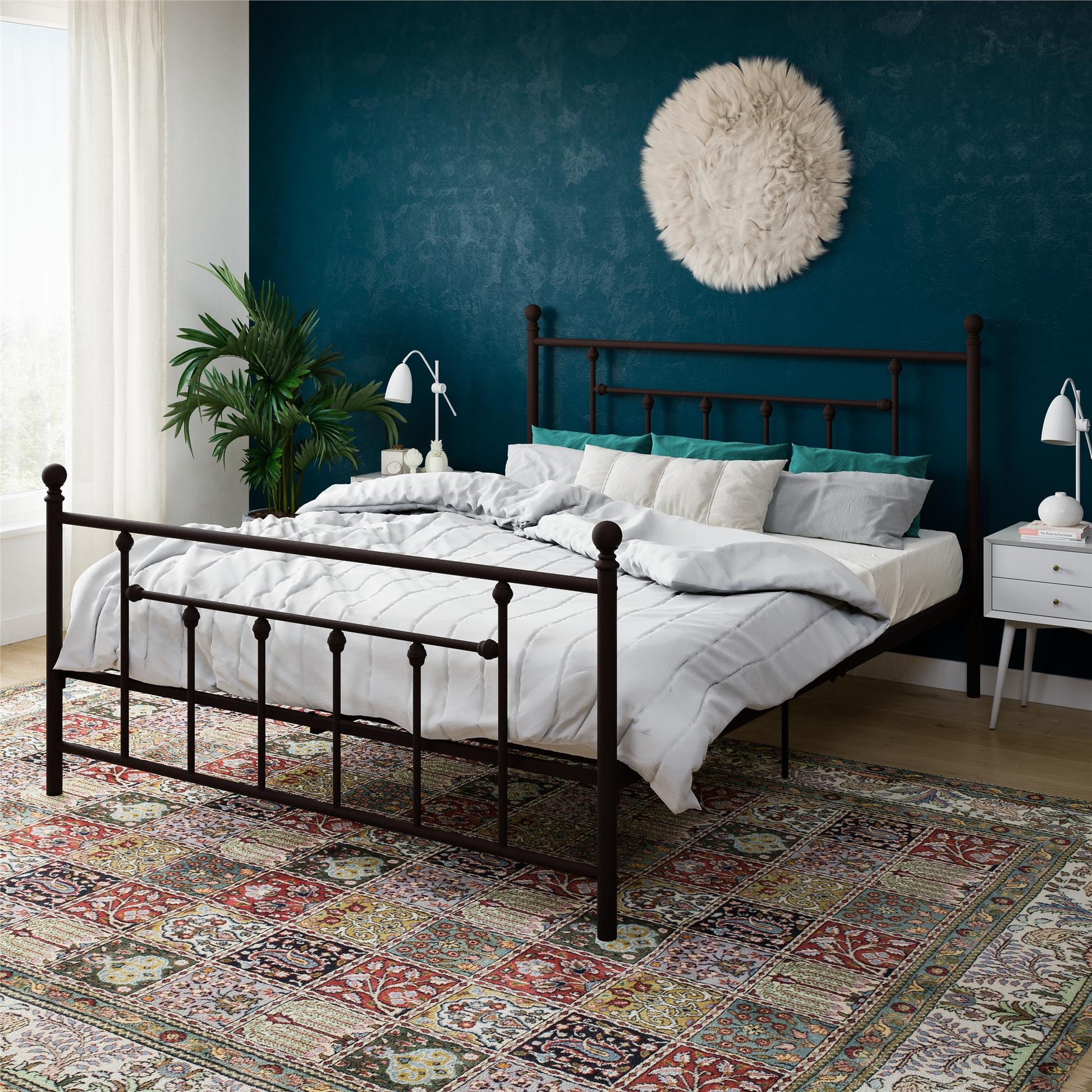 Manila White Metal Bed with Sturdy Metal Frame and Slats - Bronze - Queen