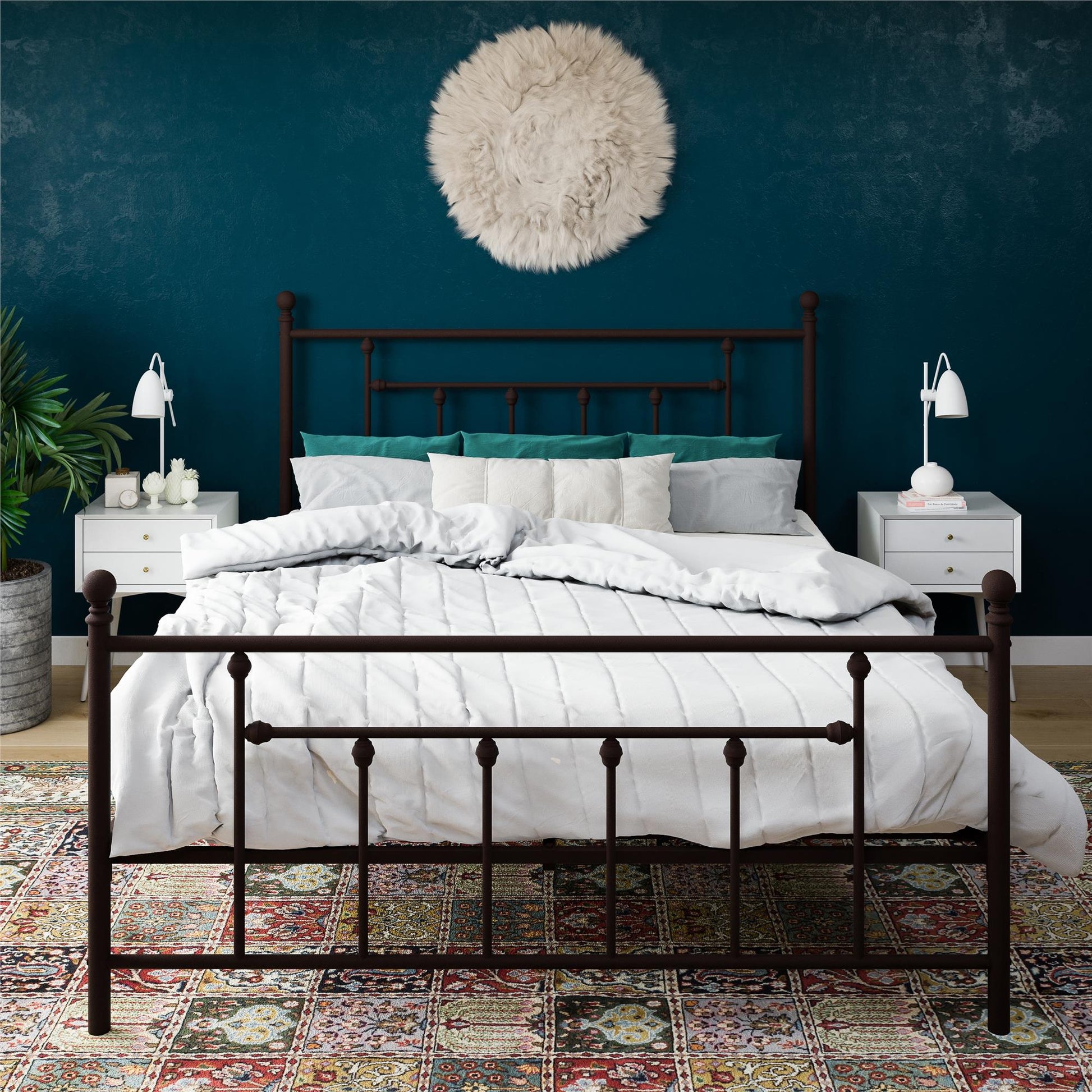 Manila White Metal Bed with Sturdy Metal Frame and Slats - Bronze - Queen