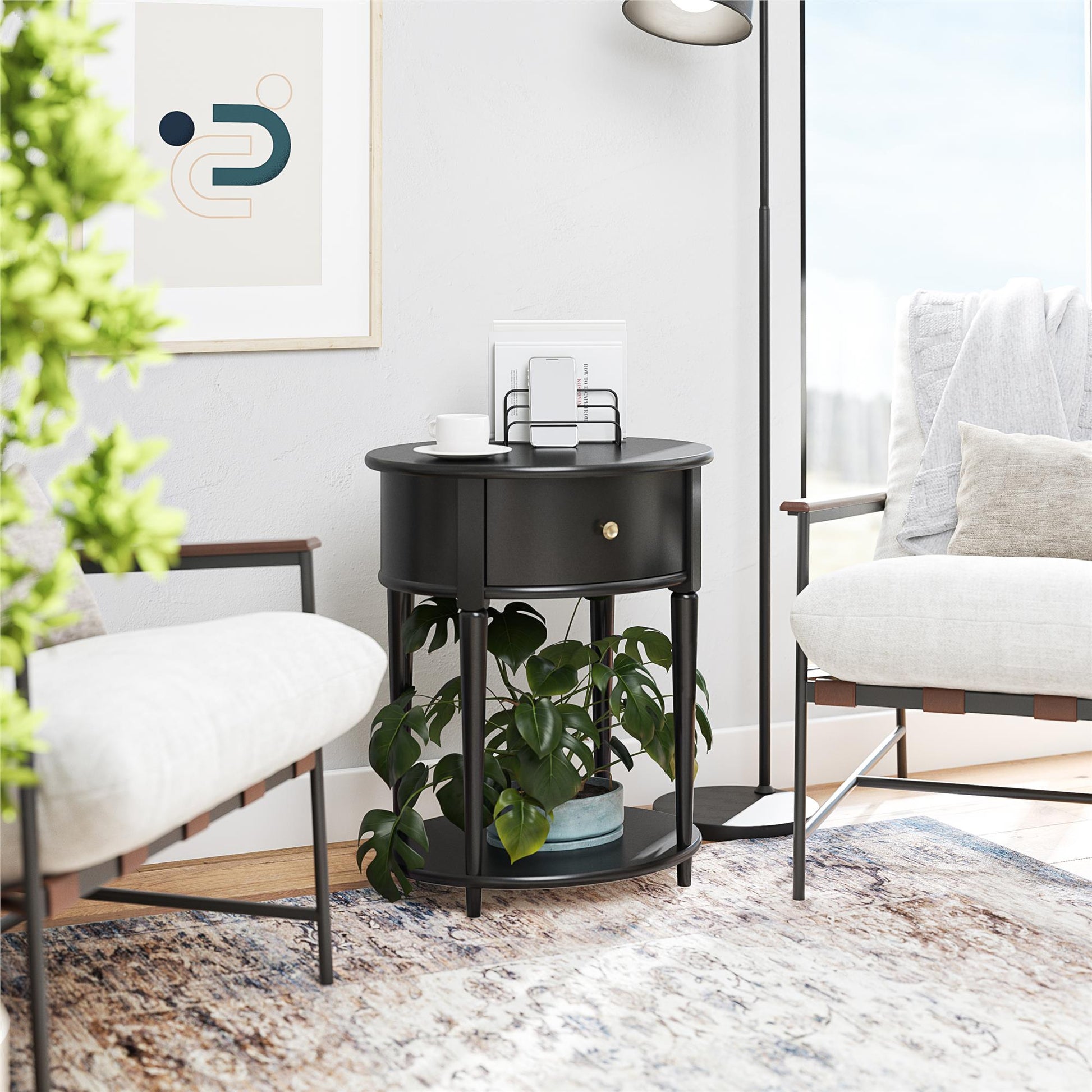 Aurora Rounded End Table with Drawer and Lower Shelf - Black