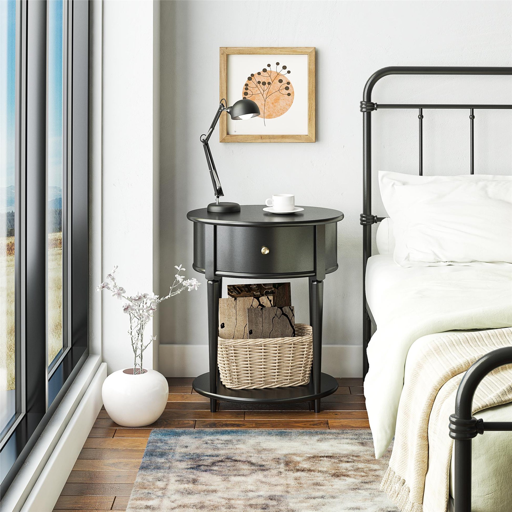 Aurora Rounded End Table with Drawer and Lower Shelf - Black