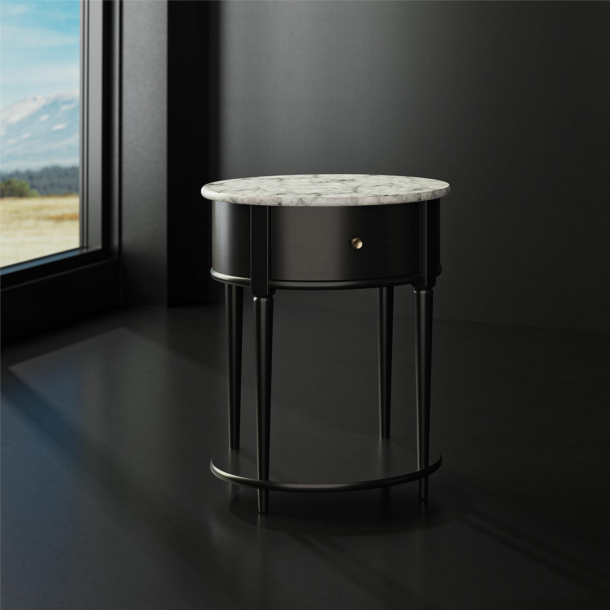Aurora Rounded End Table with Drawer and Lower Shelf - White marble
