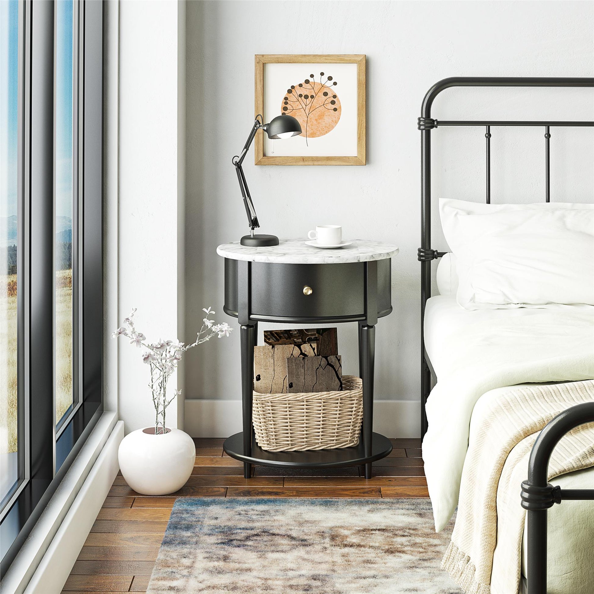 Aurora Rounded End Table with Drawer and Lower Shelf - White marble