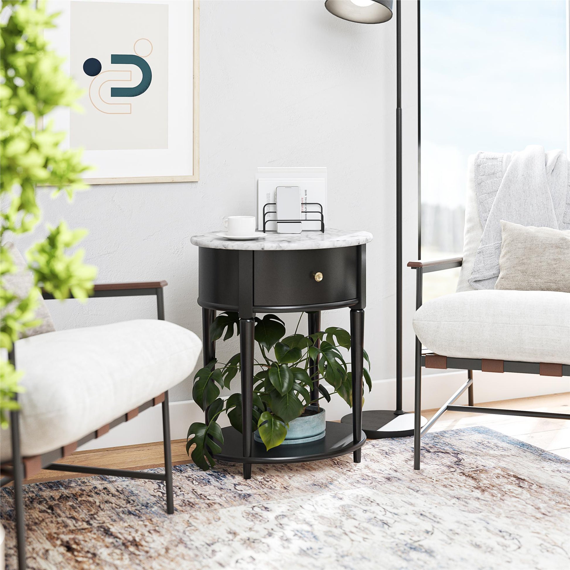 Aurora Rounded End Table with Drawer and Lower Shelf - White marble