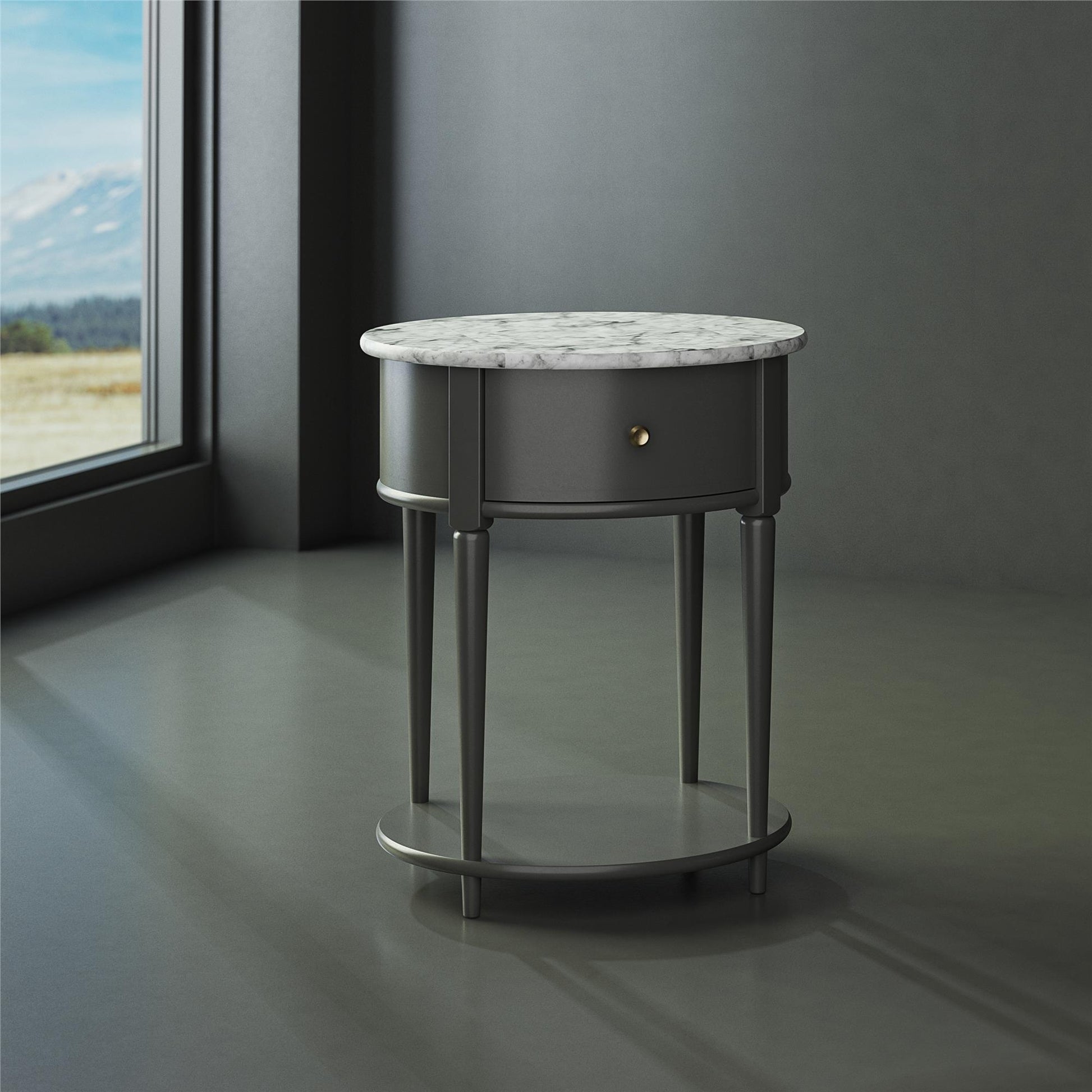 Aurora Rounded End Table with Drawer and Lower Shelf - Graphite