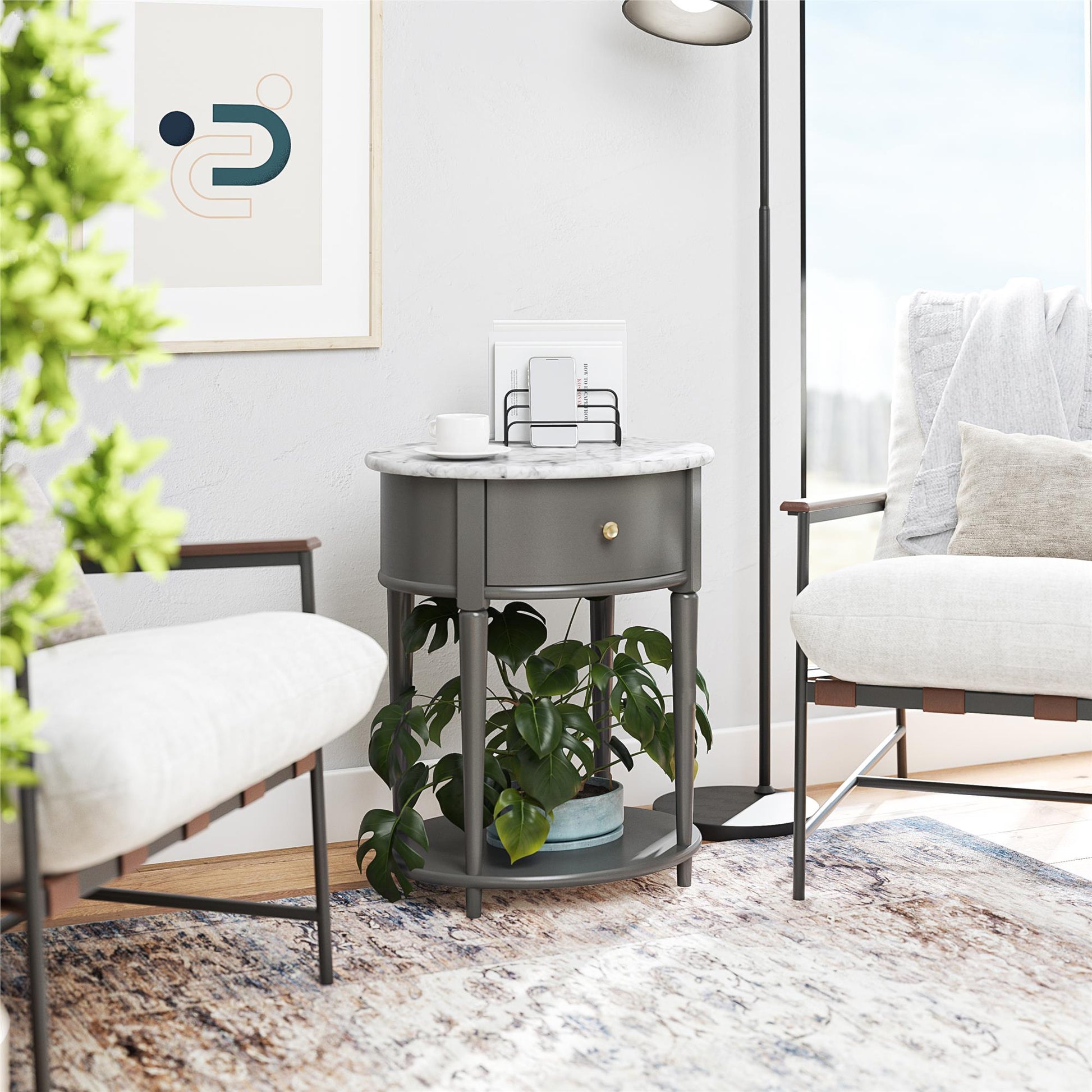 Aurora Rounded End Table with Drawer and Lower Shelf - Graphite