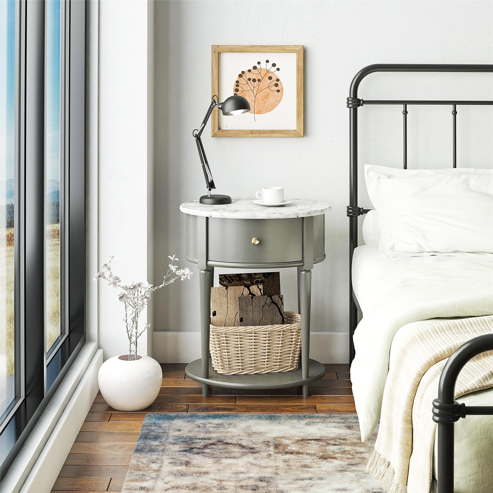 Aurora Rounded End Table with Drawer and Lower Shelf - Graphite