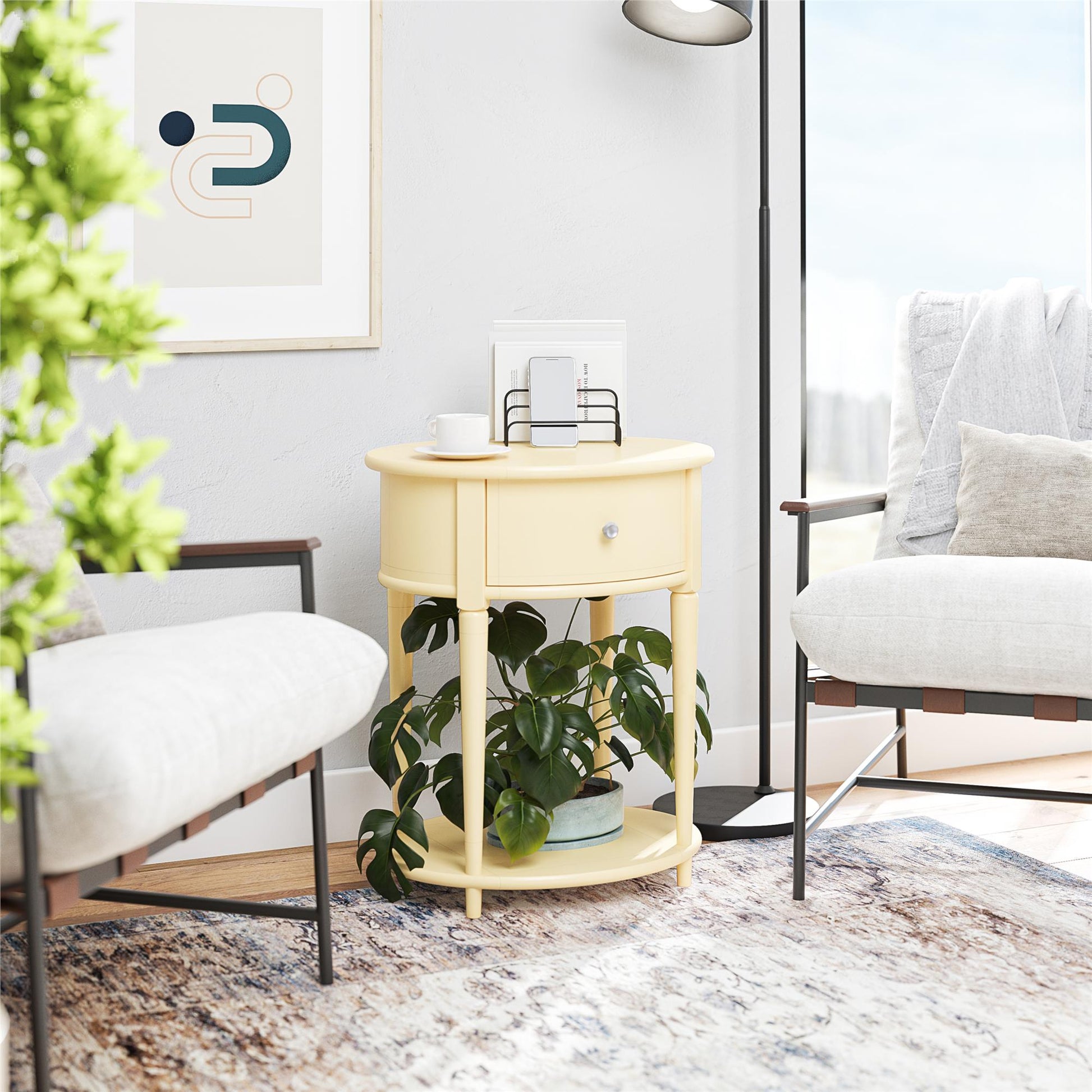 Aurora Rounded End Table with Drawer and Lower Shelf - Yellow