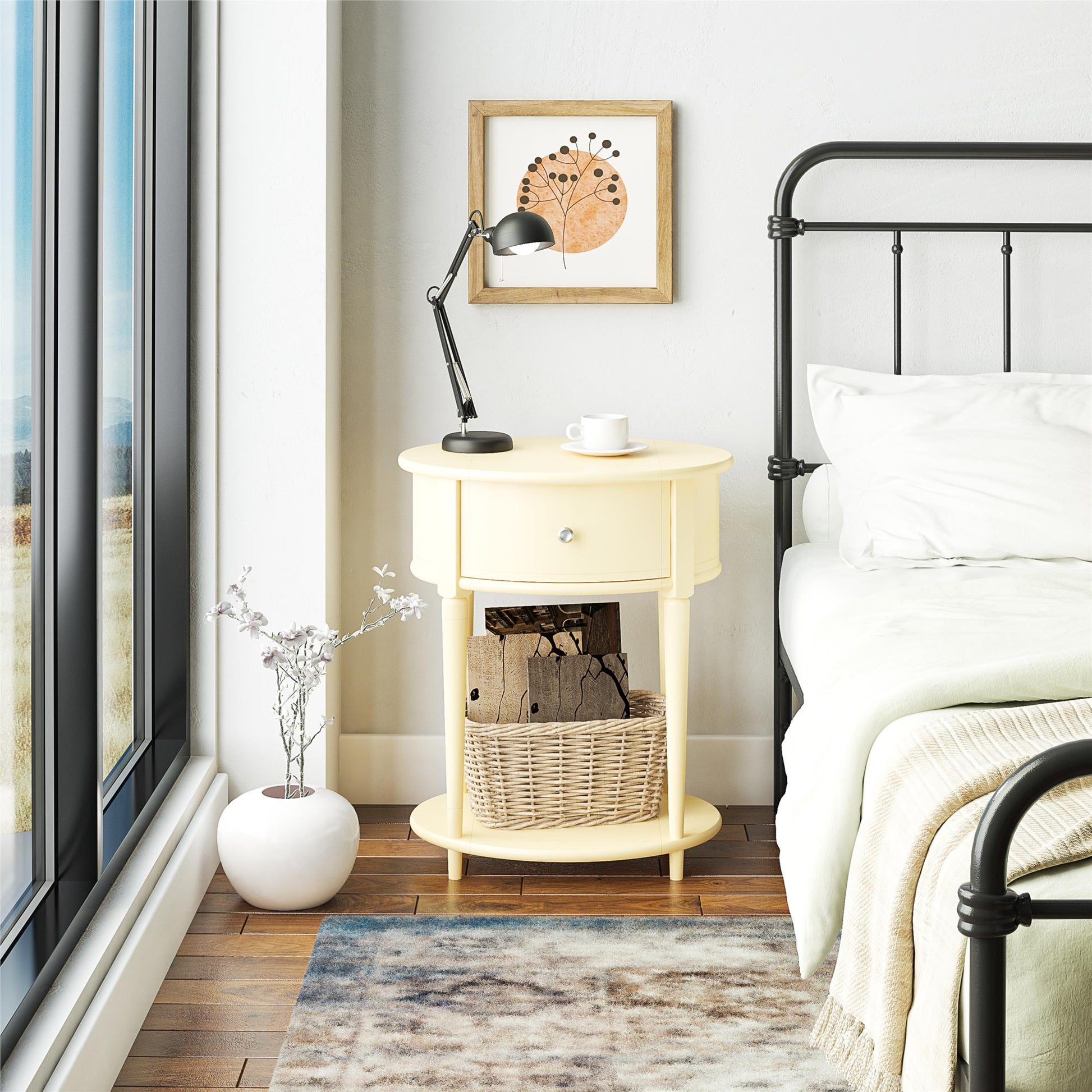 Aurora Rounded End Table with Drawer and Lower Shelf - White marble
