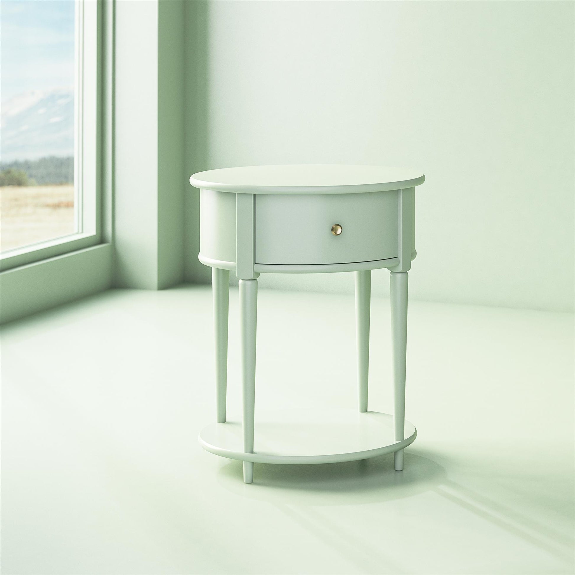 Aurora Rounded End Table with Drawer and Lower Shelf - Pale Green