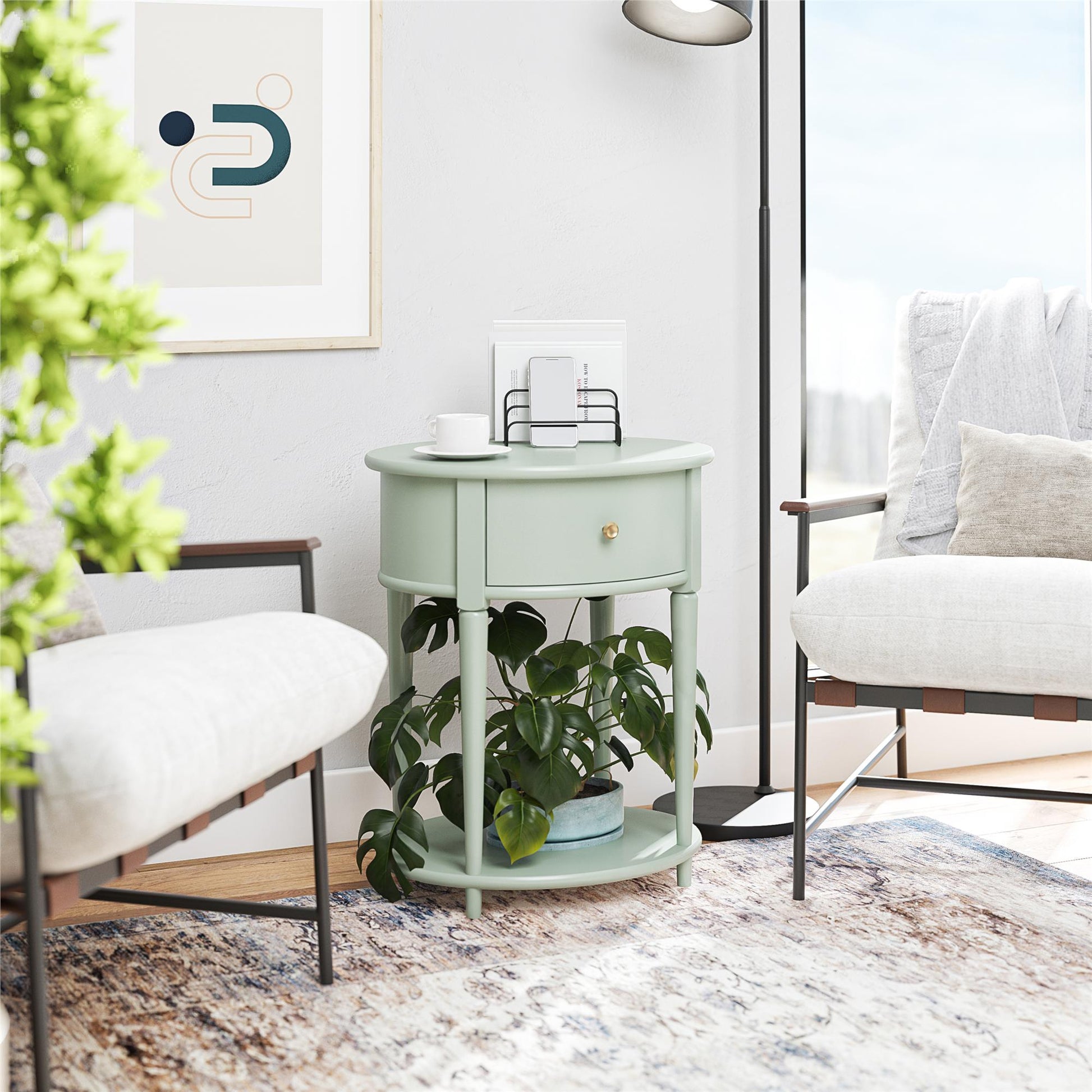 Aurora Rounded End Table with Drawer and Lower Shelf - Pale Green