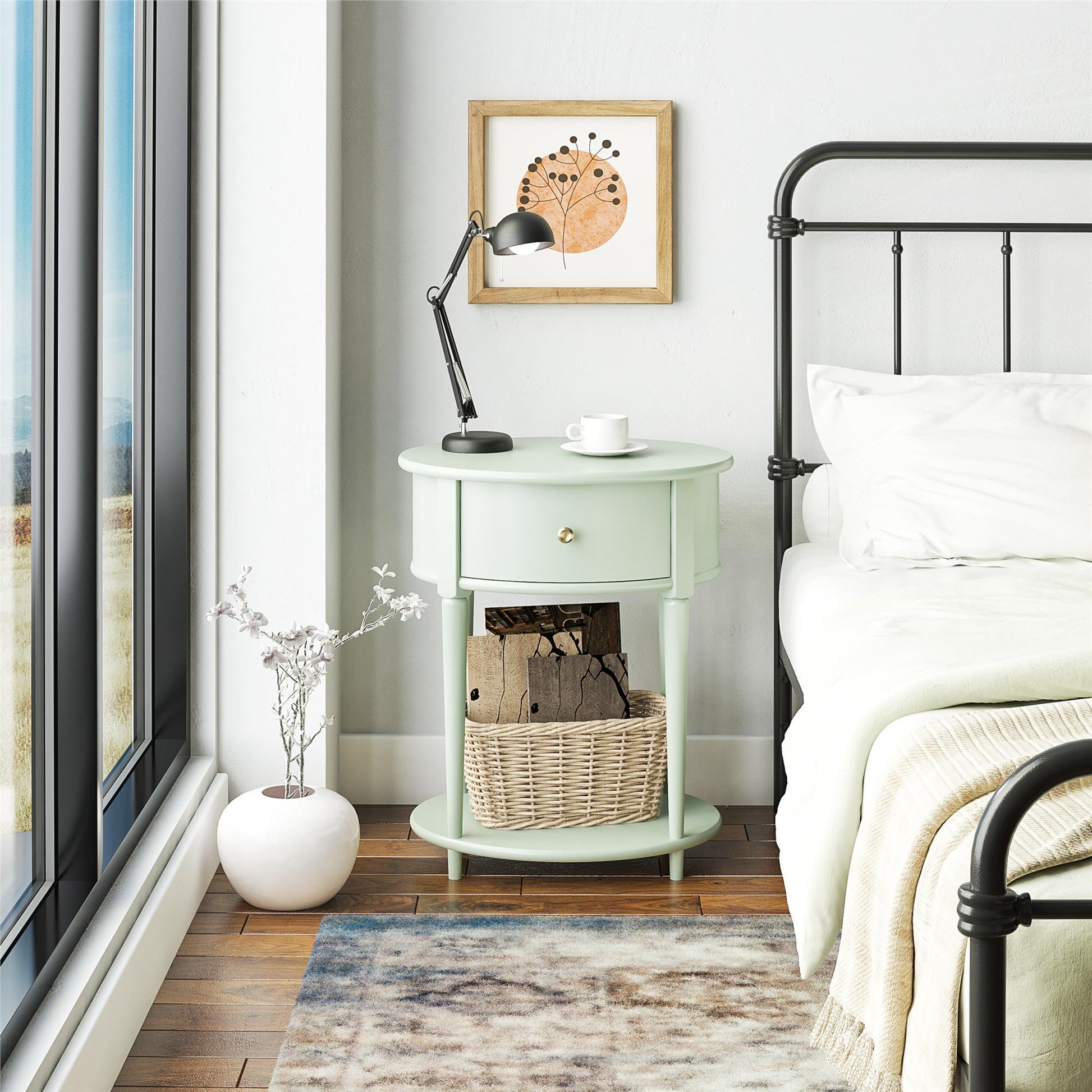 Aurora Rounded End Table with Drawer and Lower Shelf - Pale Green