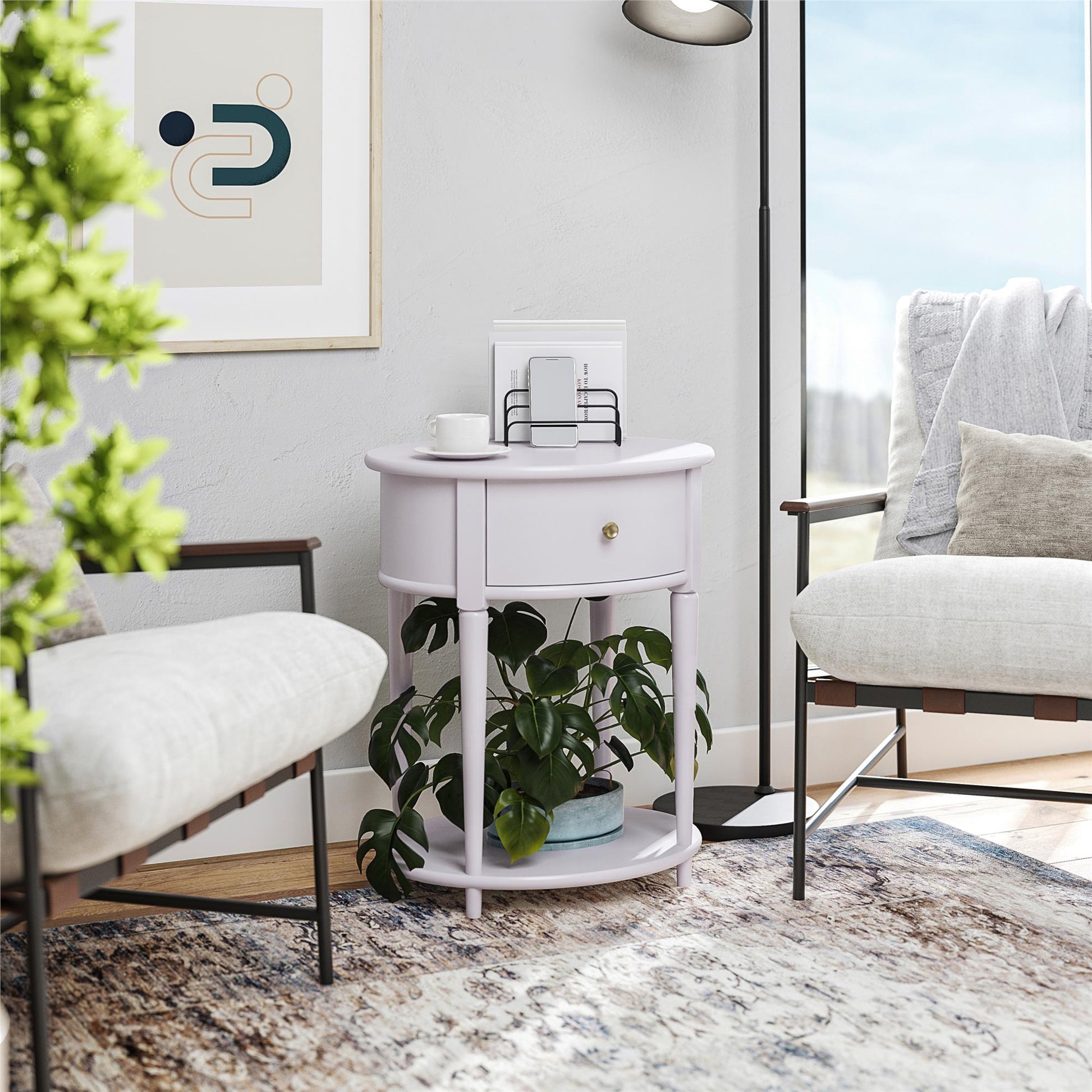 Aurora Rounded End Table with Drawer and Lower Shelf - Lavender