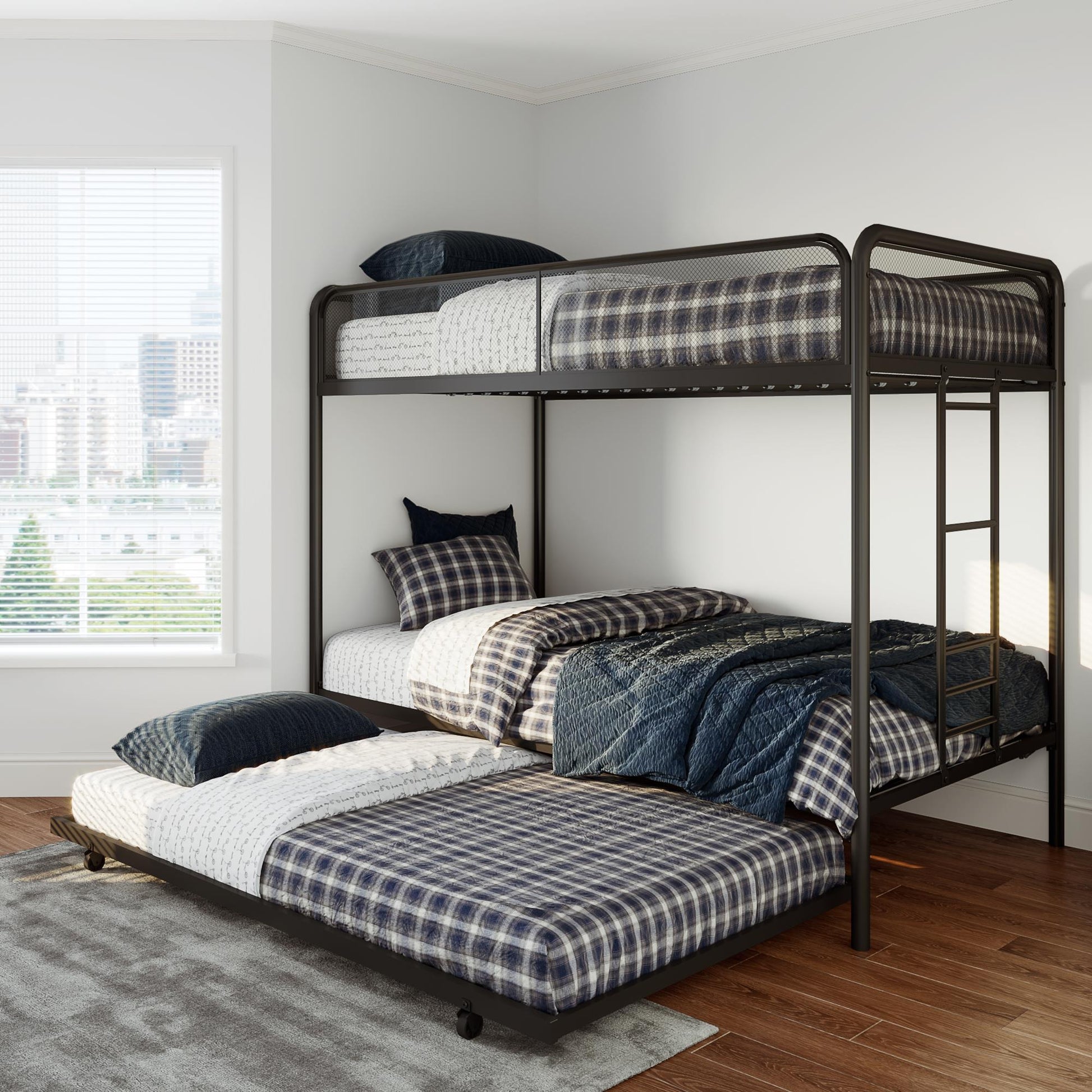 Triple Metal Twin over Twin Bunk Bed with Trundle and Integrated Ladder - Black - Twin-Over-Twin
