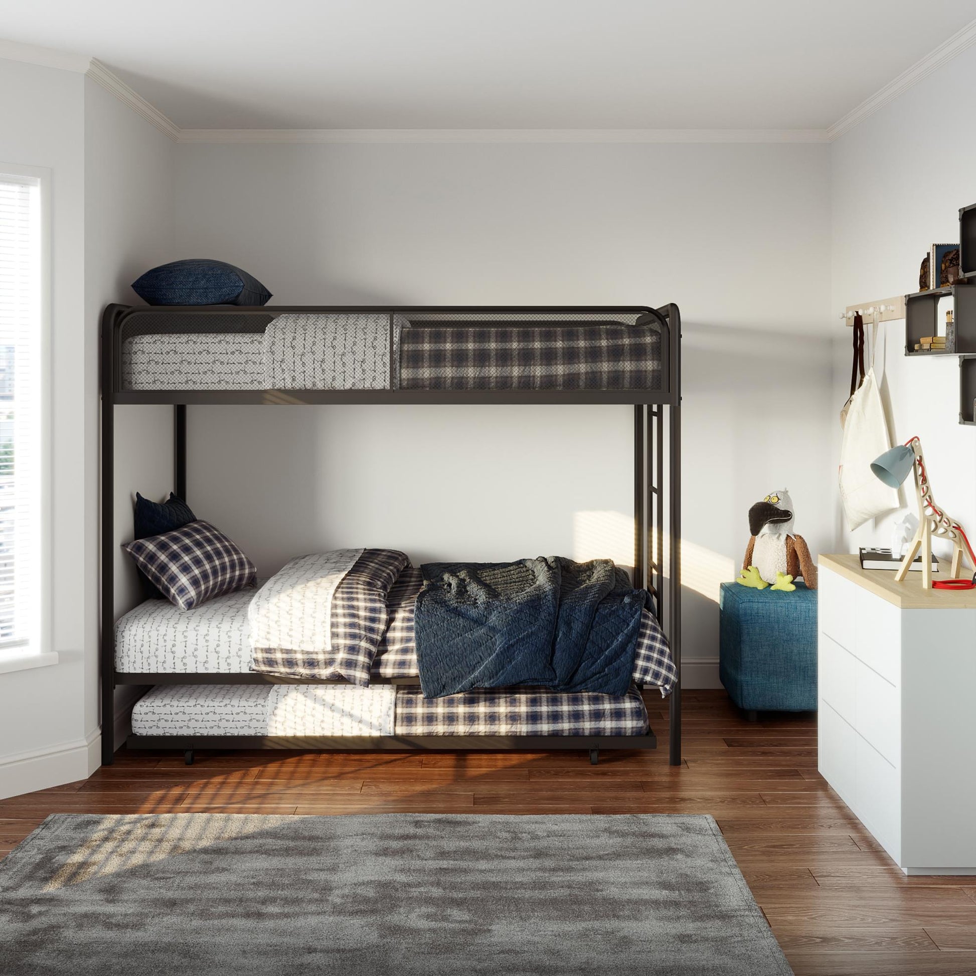Triple Metal Twin over Twin Bunk Bed with Trundle and Integrated Ladder - Black - Twin-Over-Twin