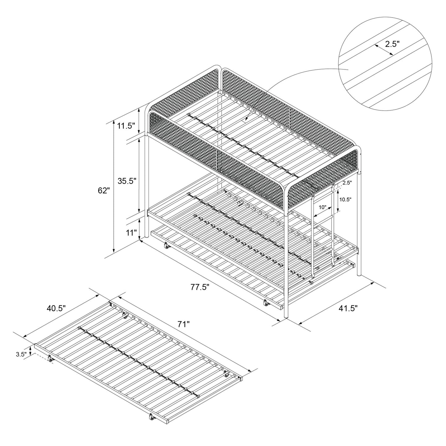 Triple Metal Twin over Twin Bunk Bed with Trundle and Integrated Ladder - Black - Twin-Over-Twin