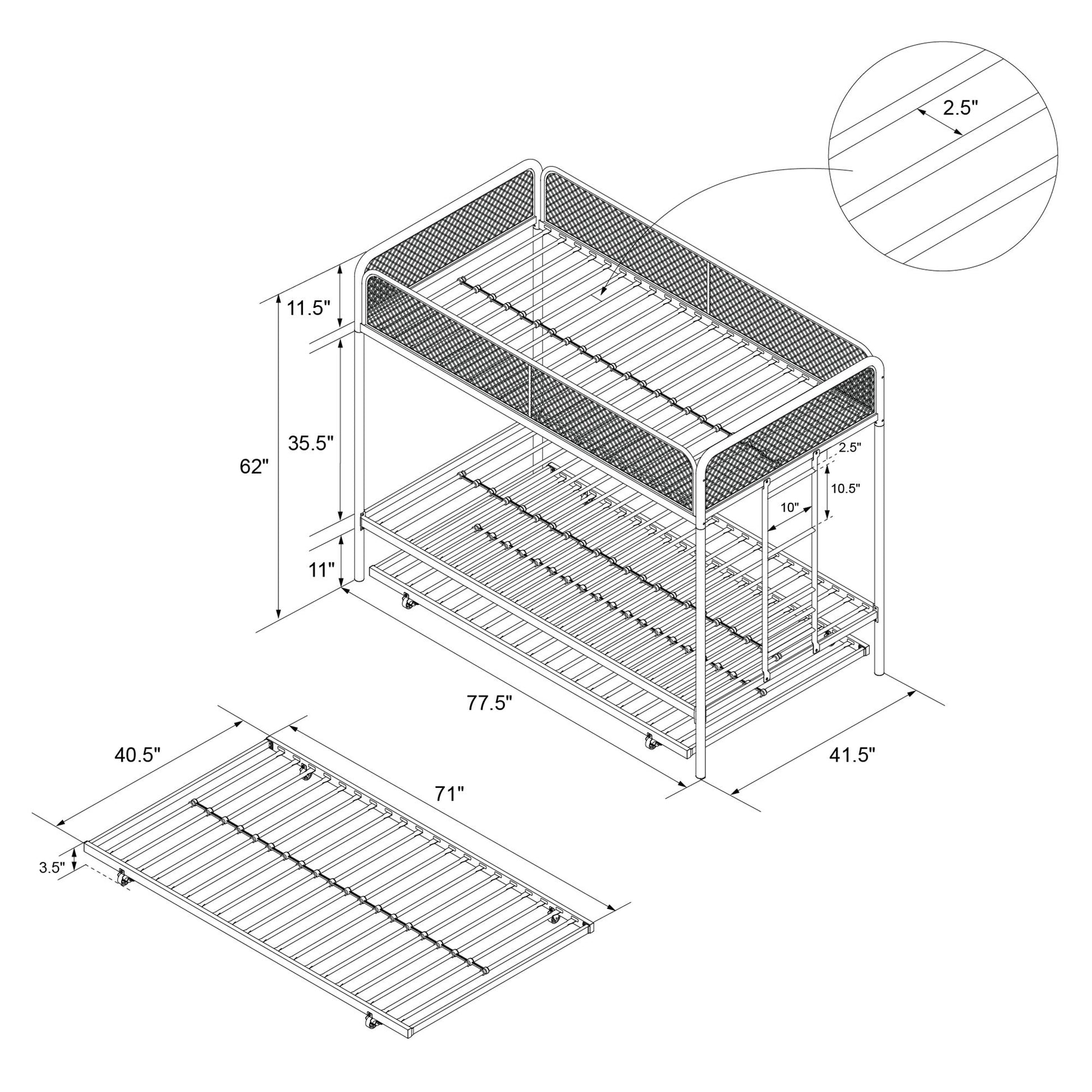 Triple Metal Twin over Twin Bunk Bed with Trundle and Integrated Ladder - Black - Twin-Over-Twin
