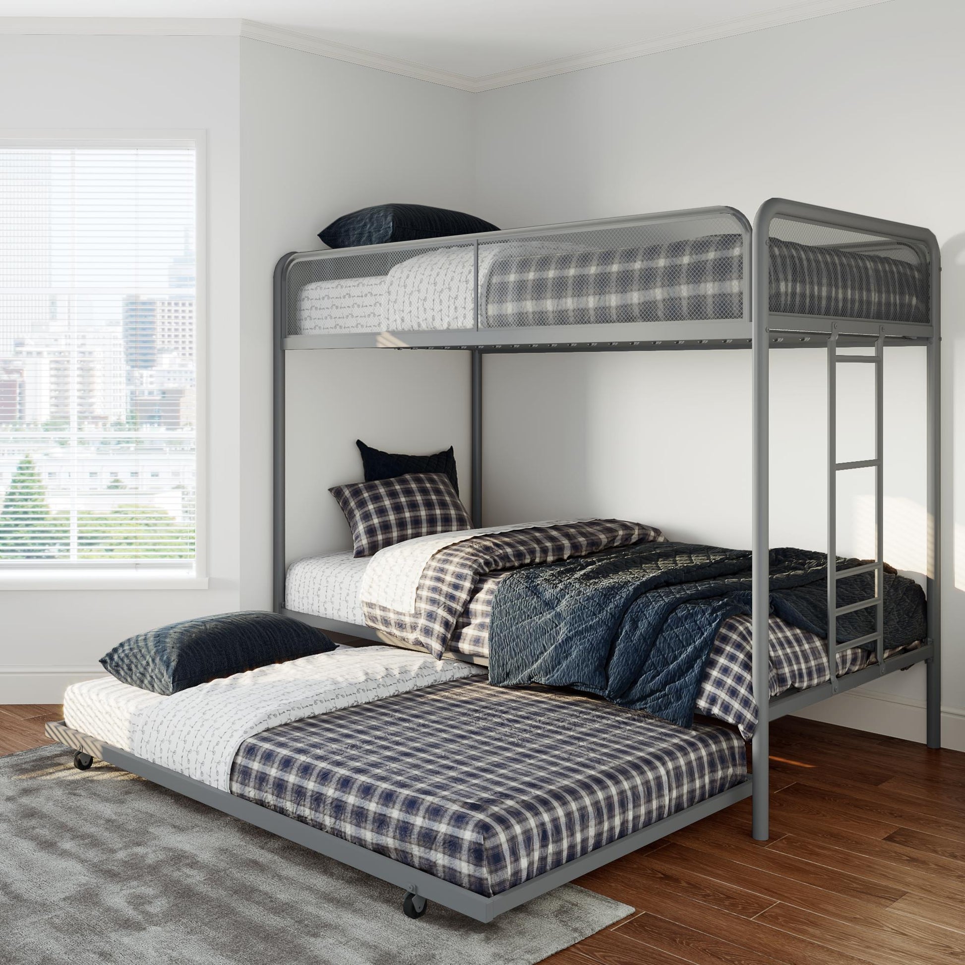 Triple Metal Twin over Twin Bunk Bed with Trundle and Integrated Ladder - Gray - Twin-Over-Twin