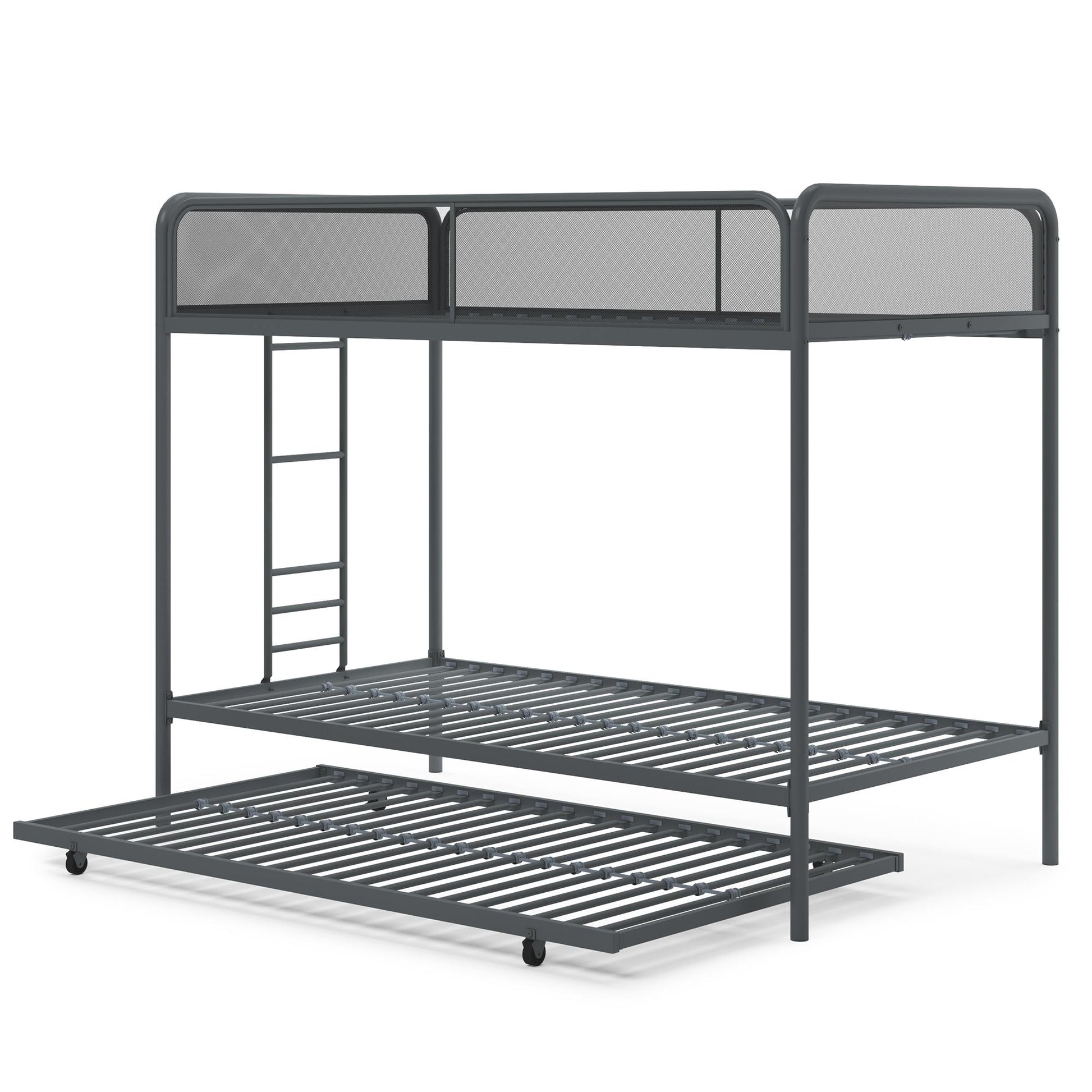 Triple Metal Twin over Twin Bunk Bed with Trundle and Integrated Ladder - Gray - Twin-Over-Twin
