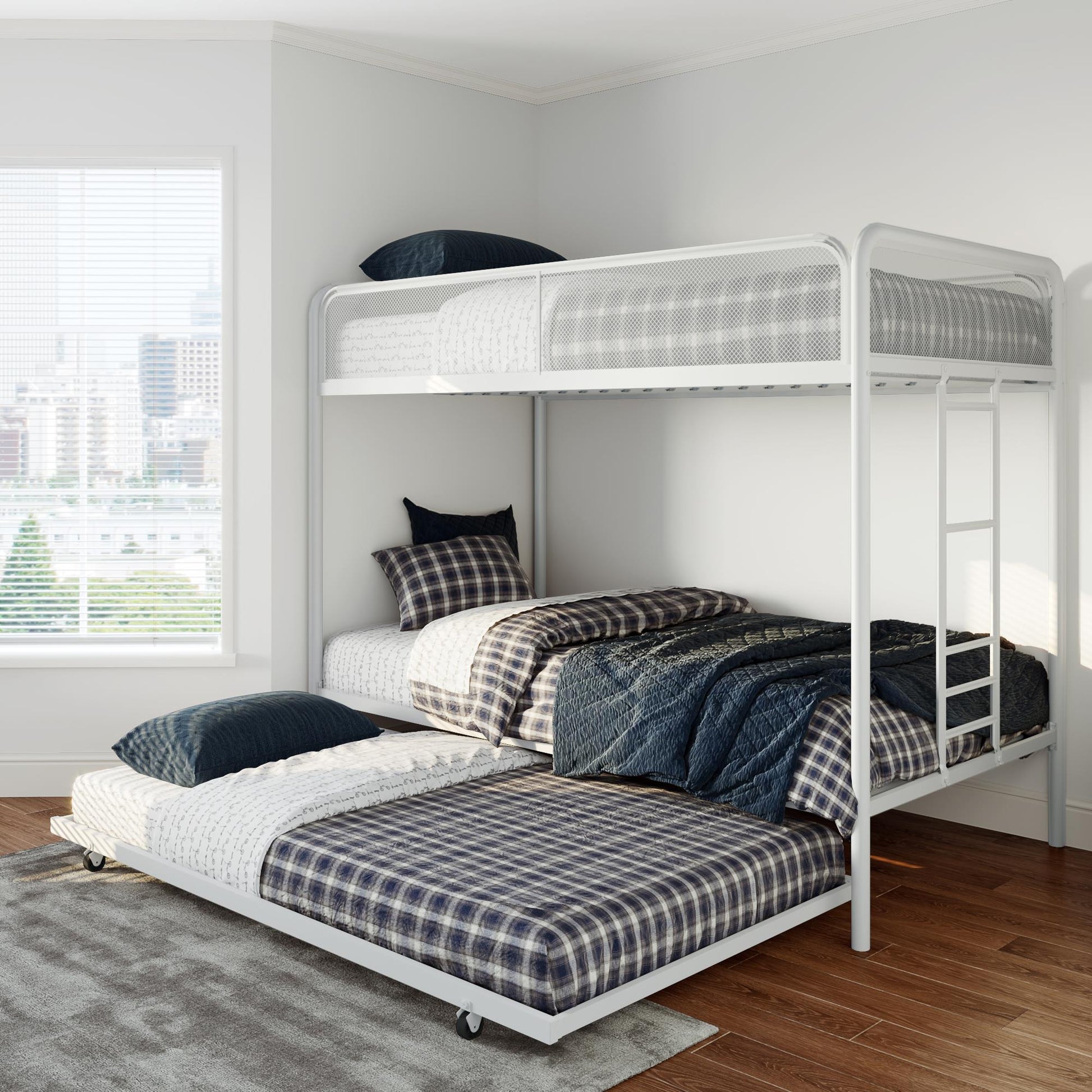 Triple Metal Twin over Twin Bunk Bed with Trundle and Integrated Ladder - White - Twin-Over-Twin
